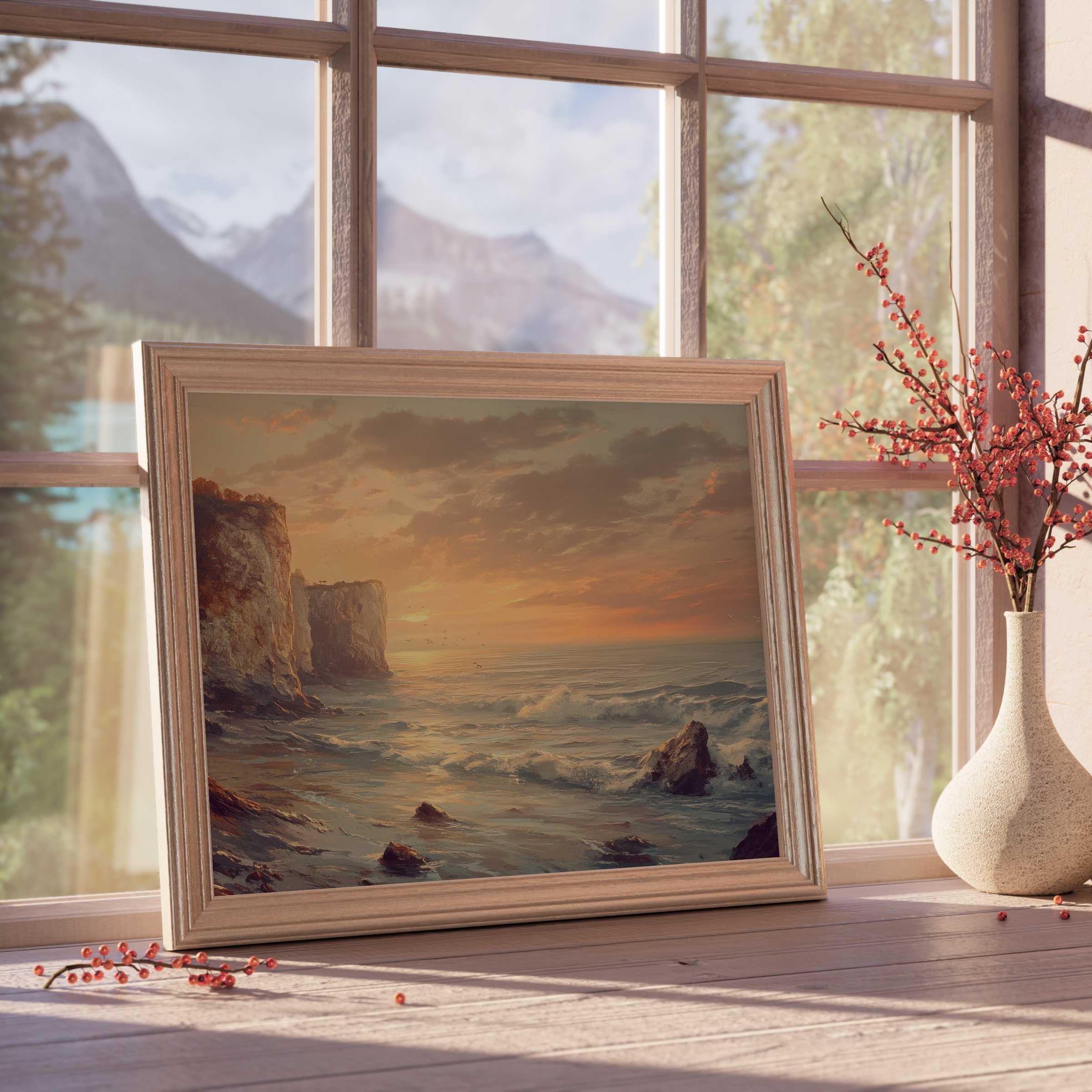 Tranquil landscape downloadable art capturing a warm sunset over rugged cliffs and waves, enriching curated upscale interiors