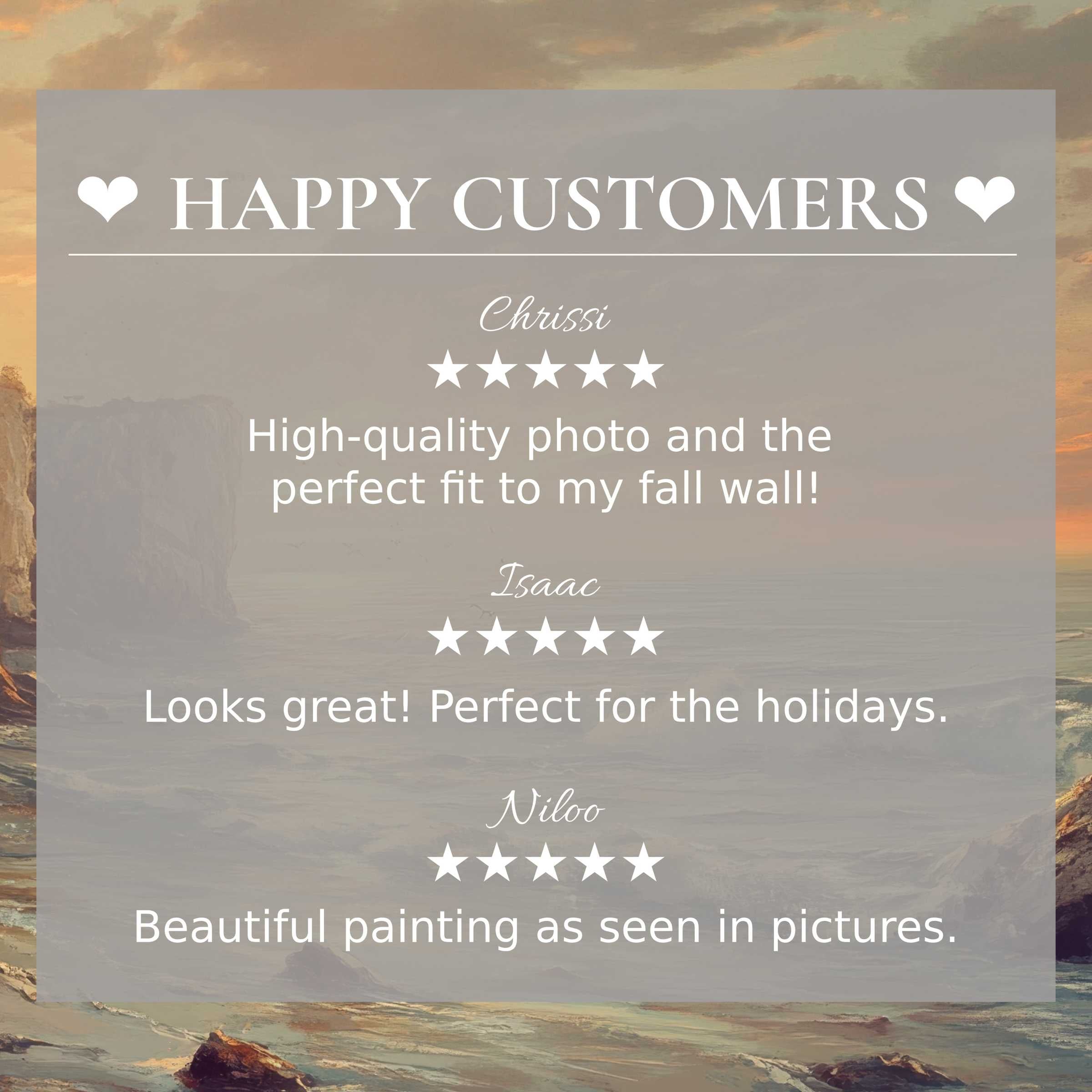 Landscape art for Frame TV with abstract sunset colors, showcasing happy customer reviews and elegant trust-building design