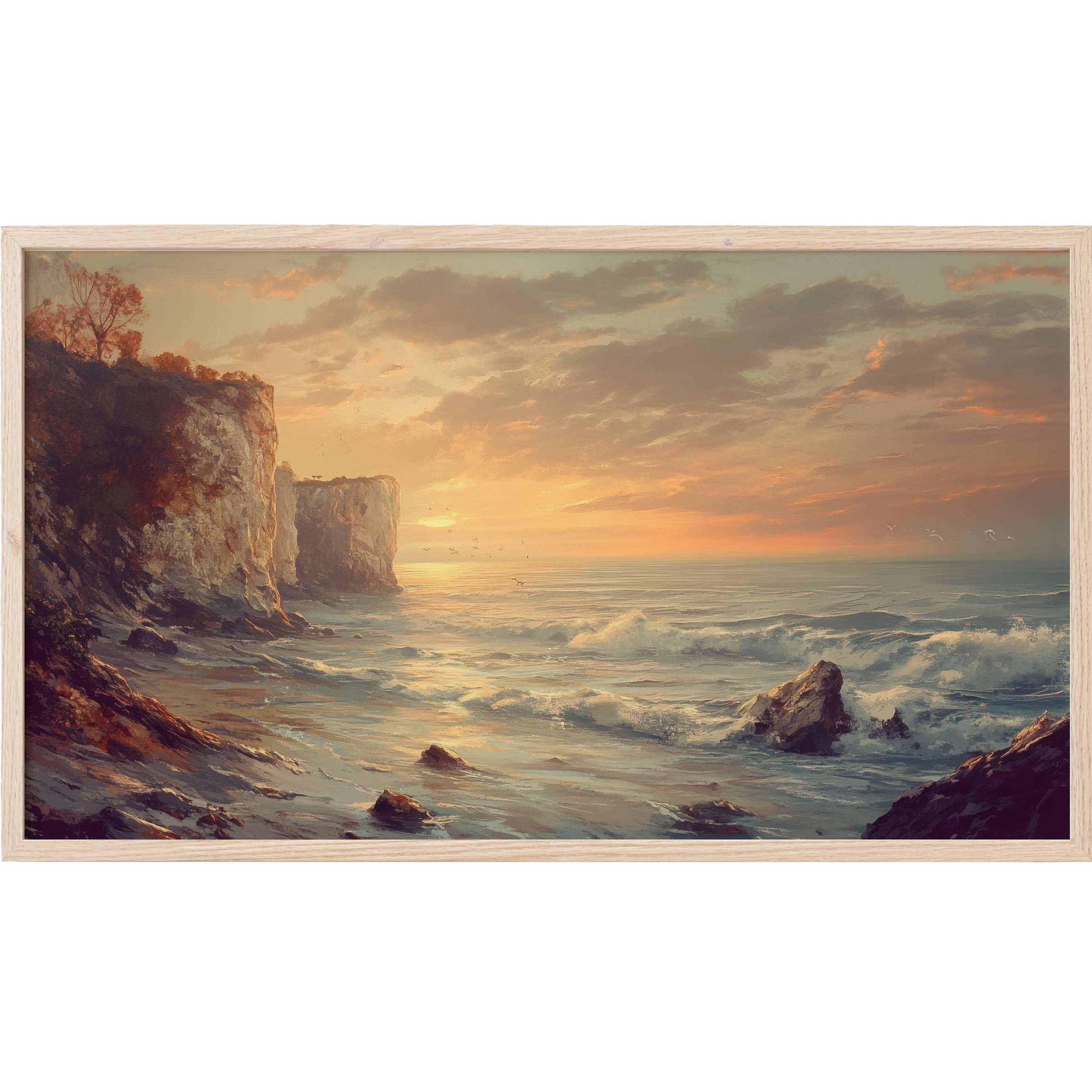 Landscape Frame TV Art depicting a serene coastal sunset with warm golden hues and textured waves