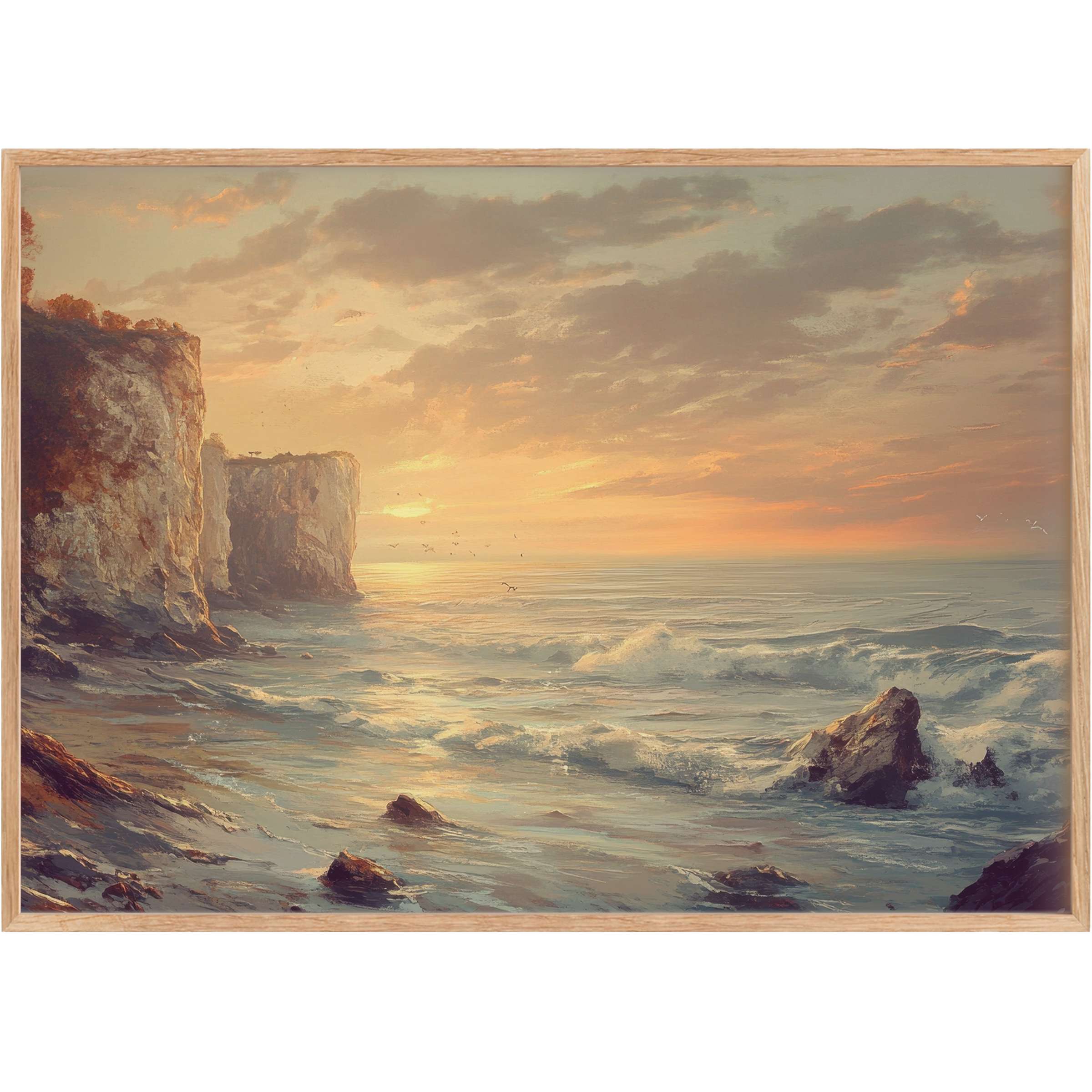 Radiant landscape printable wall art capturing serene ocean waves and sunlit cliffs, infusing calm warmth into elegant interiors