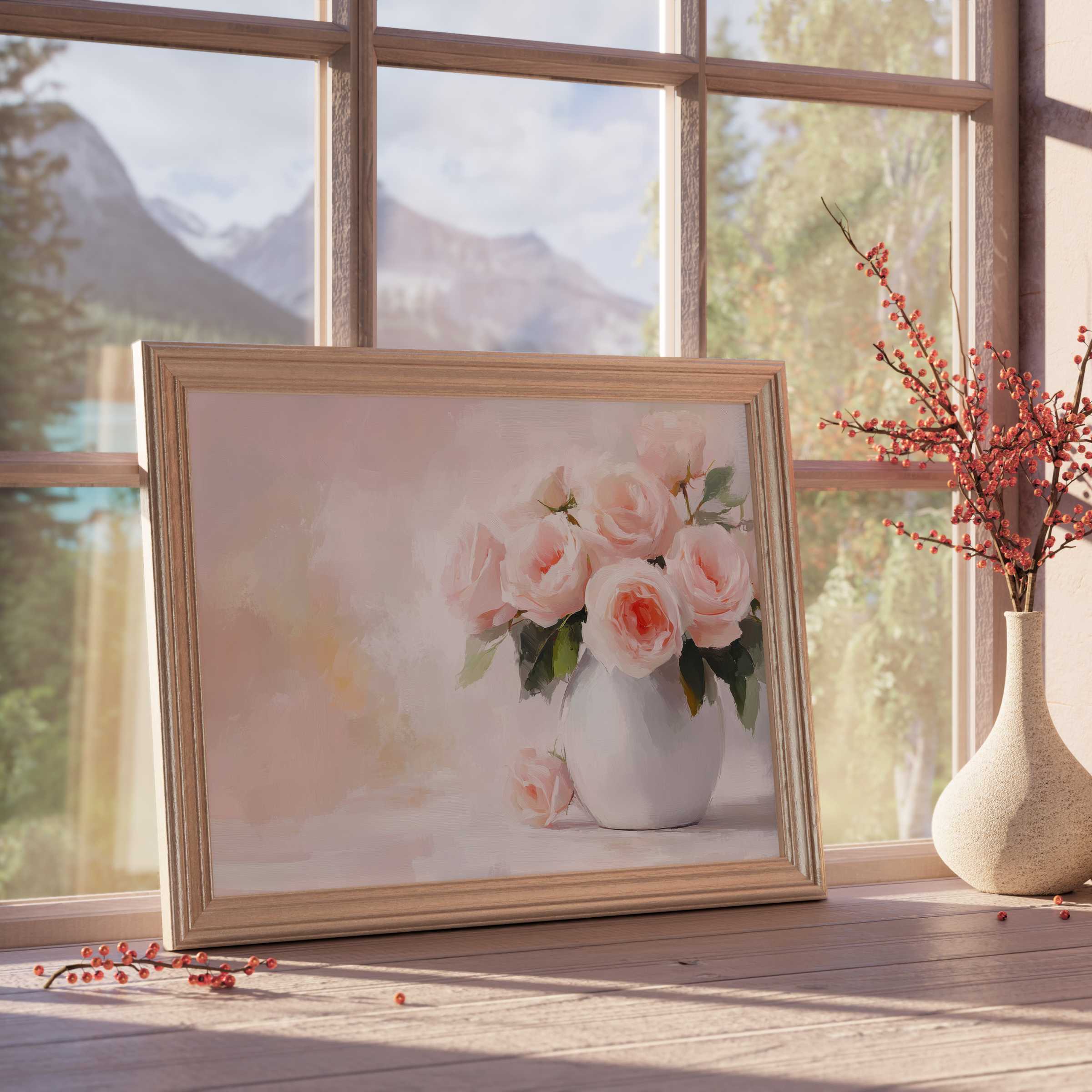 Elegant floral downloadable art featuring soft blush roses in a serene vase, enriching tranquil, design-forward interiors with timeless charm