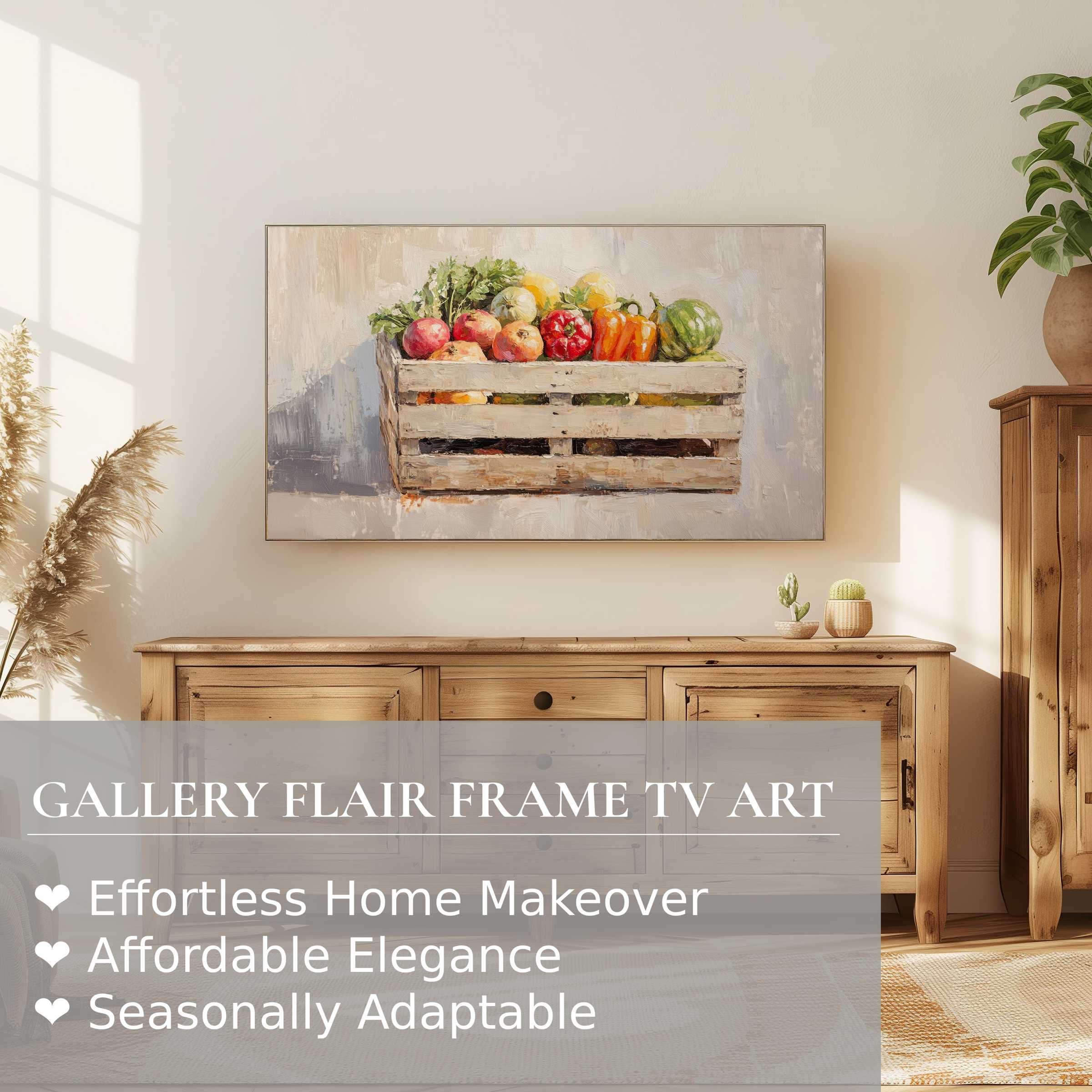 Samsung Frame TV displaying farmhouse digital artwork of fresh produce crate in warm, elegant rustic setting