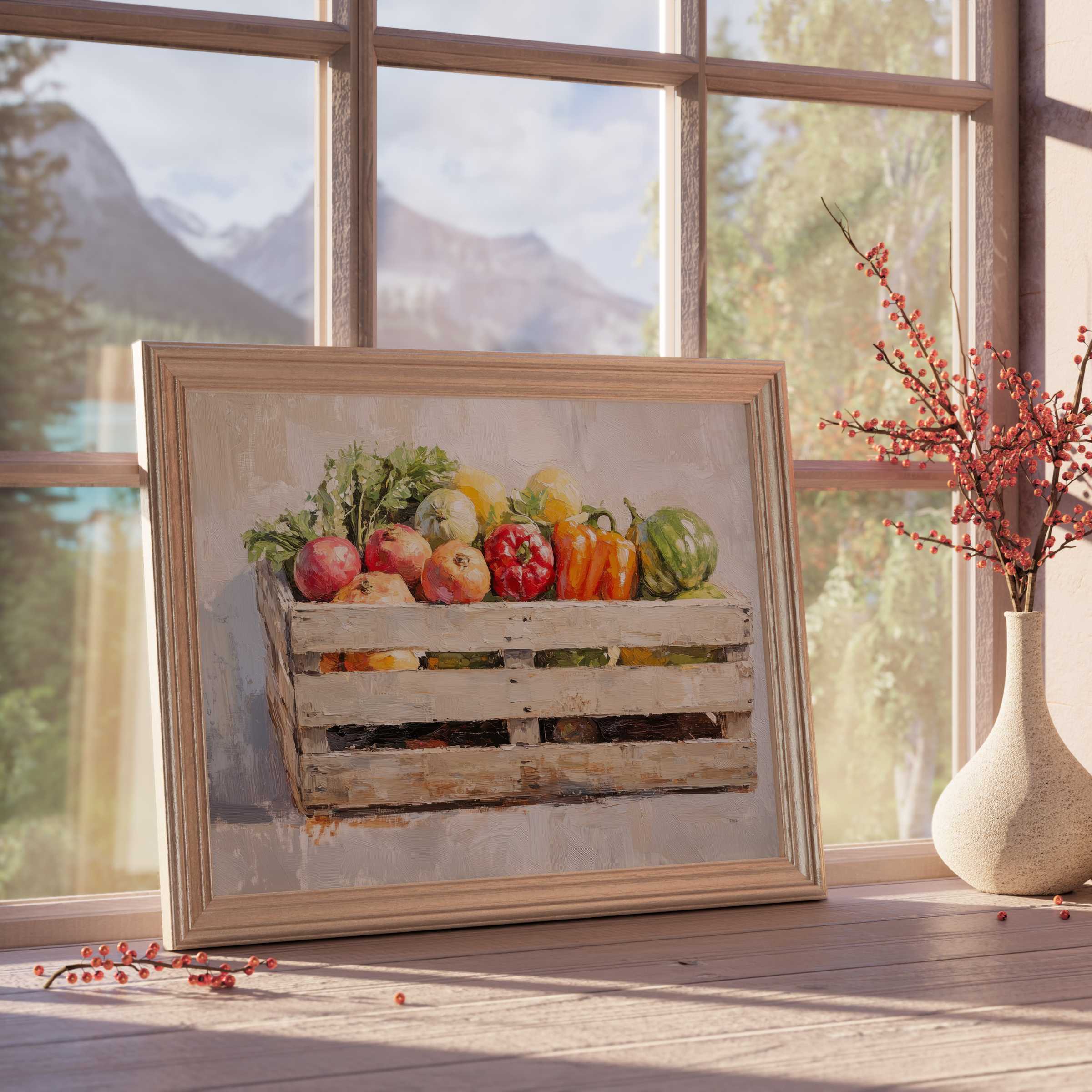 Farmhouse downloadable art capturing vibrant harvest bounty in soft natural light, elevating rustic-chic and cozy interiors with timeless charm