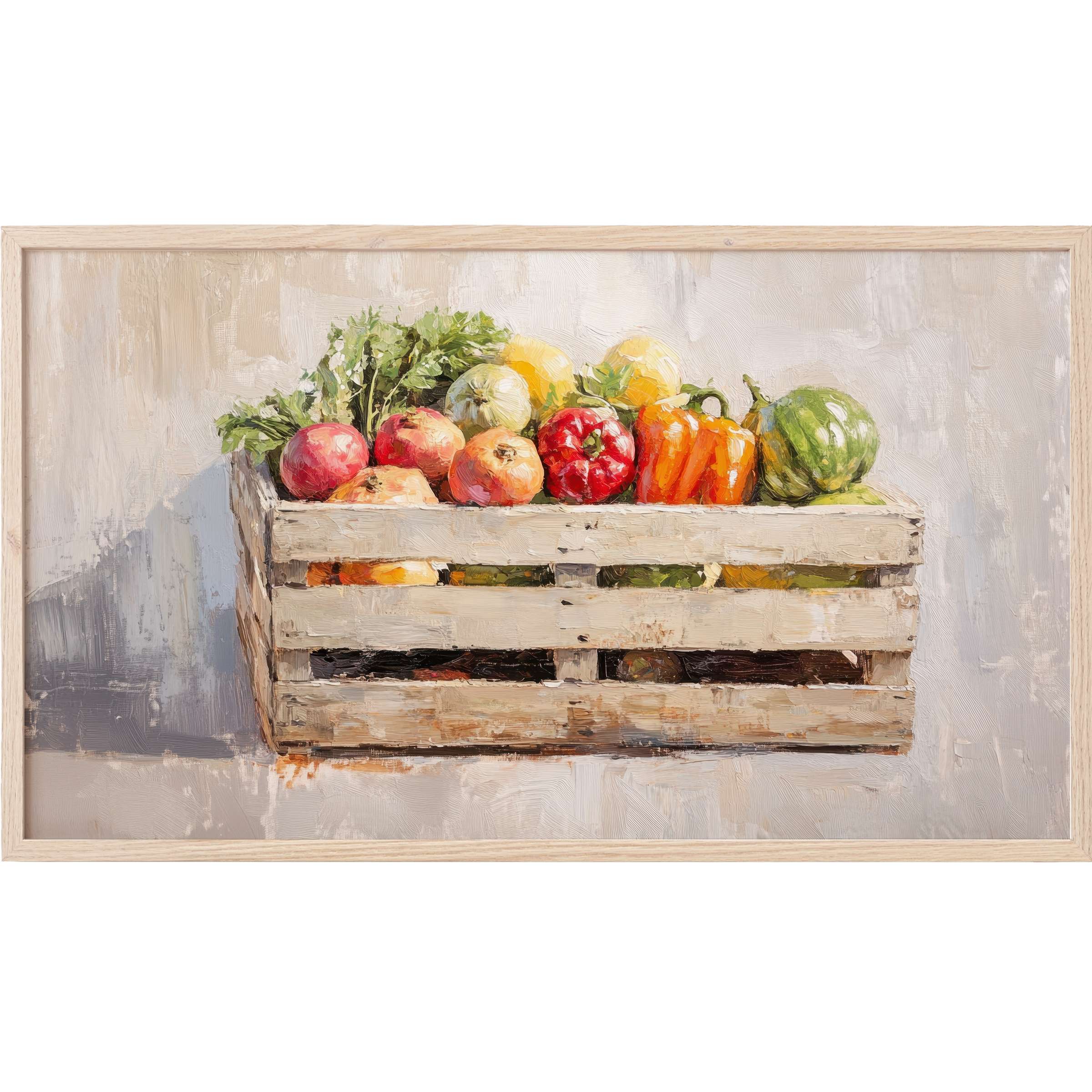 Farmhouse Frame TV Art showcasing a textured crate of vibrant fall vegetables in muted, natural tones