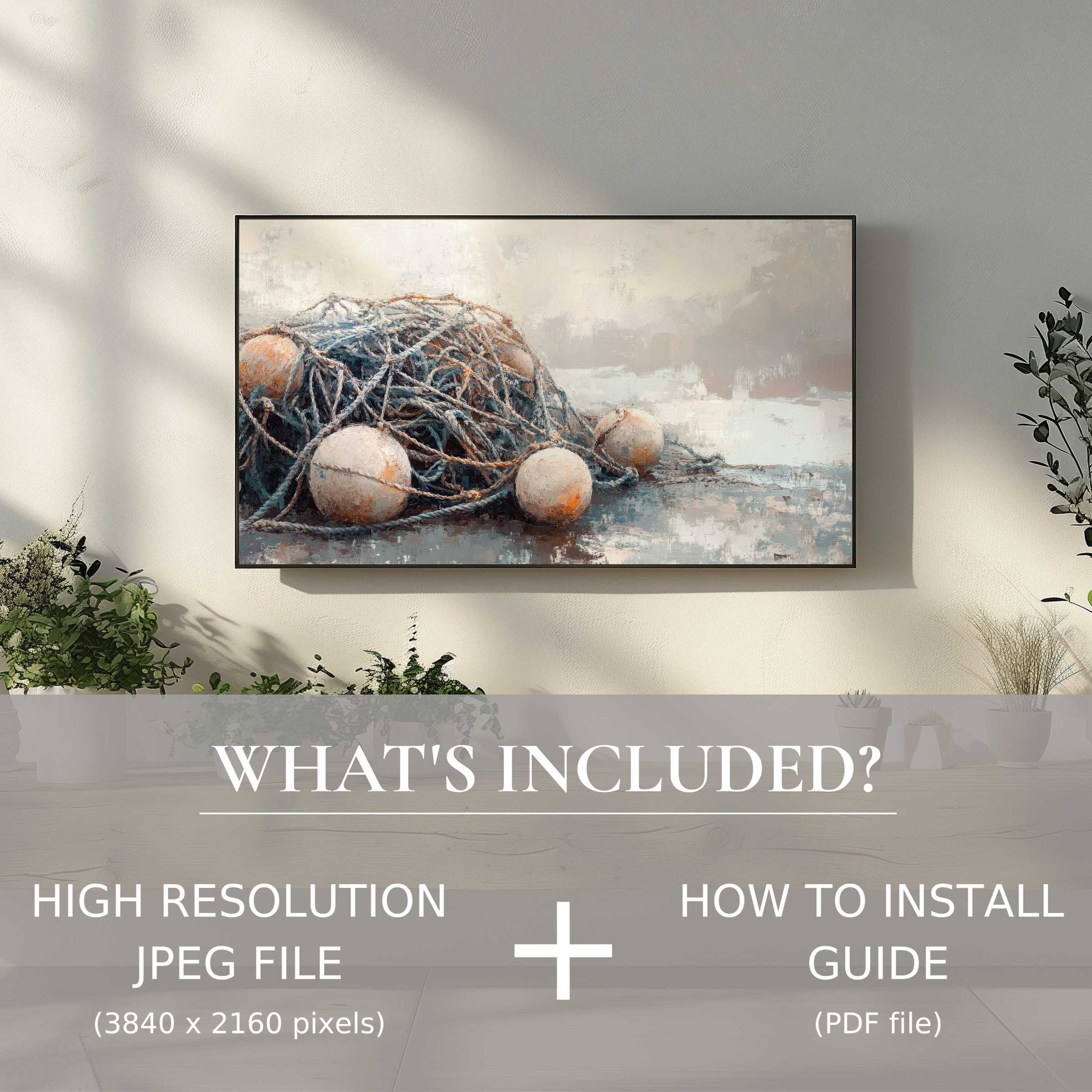 Elegant coastal digital TV art download featuring fishing nets enhances any modern living space with easy digital use