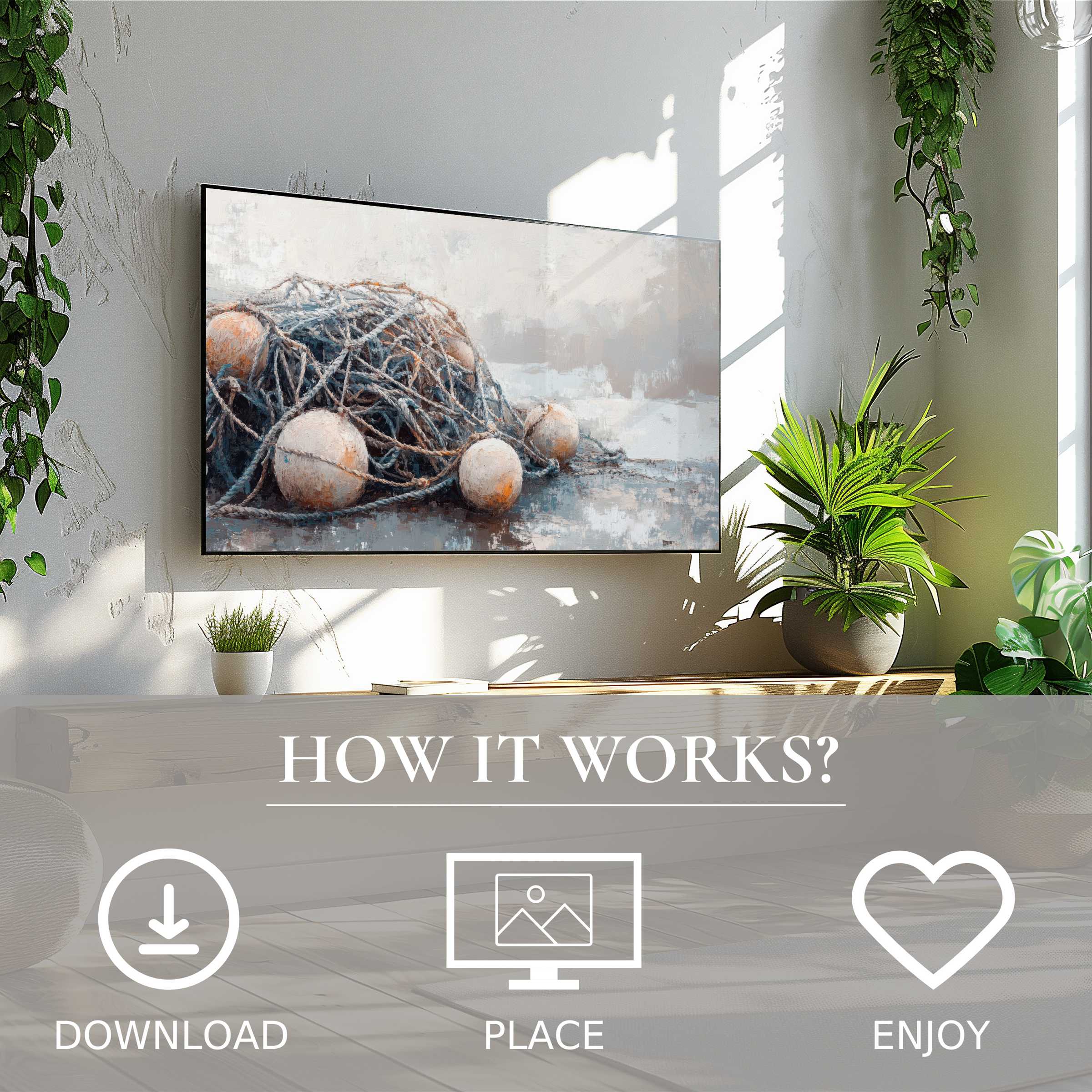 Coastal art for Samsung TV in a bright room, showing soft blue and beige fishing net tones, easy digital download