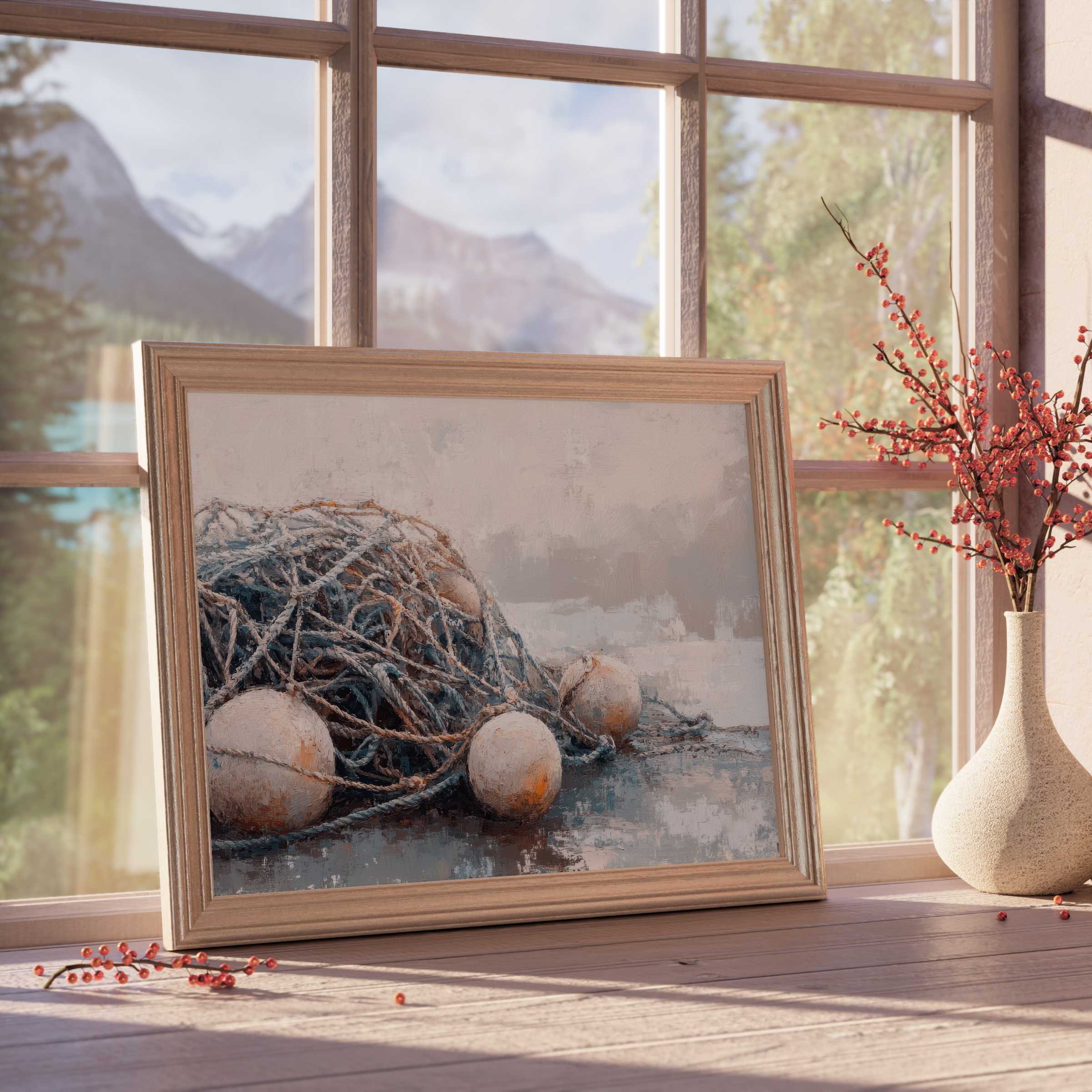 Coastal downloadable art capturing tranquil fishing nets in soft hues, enhancing curated seaside interiors with warm, serene elegance