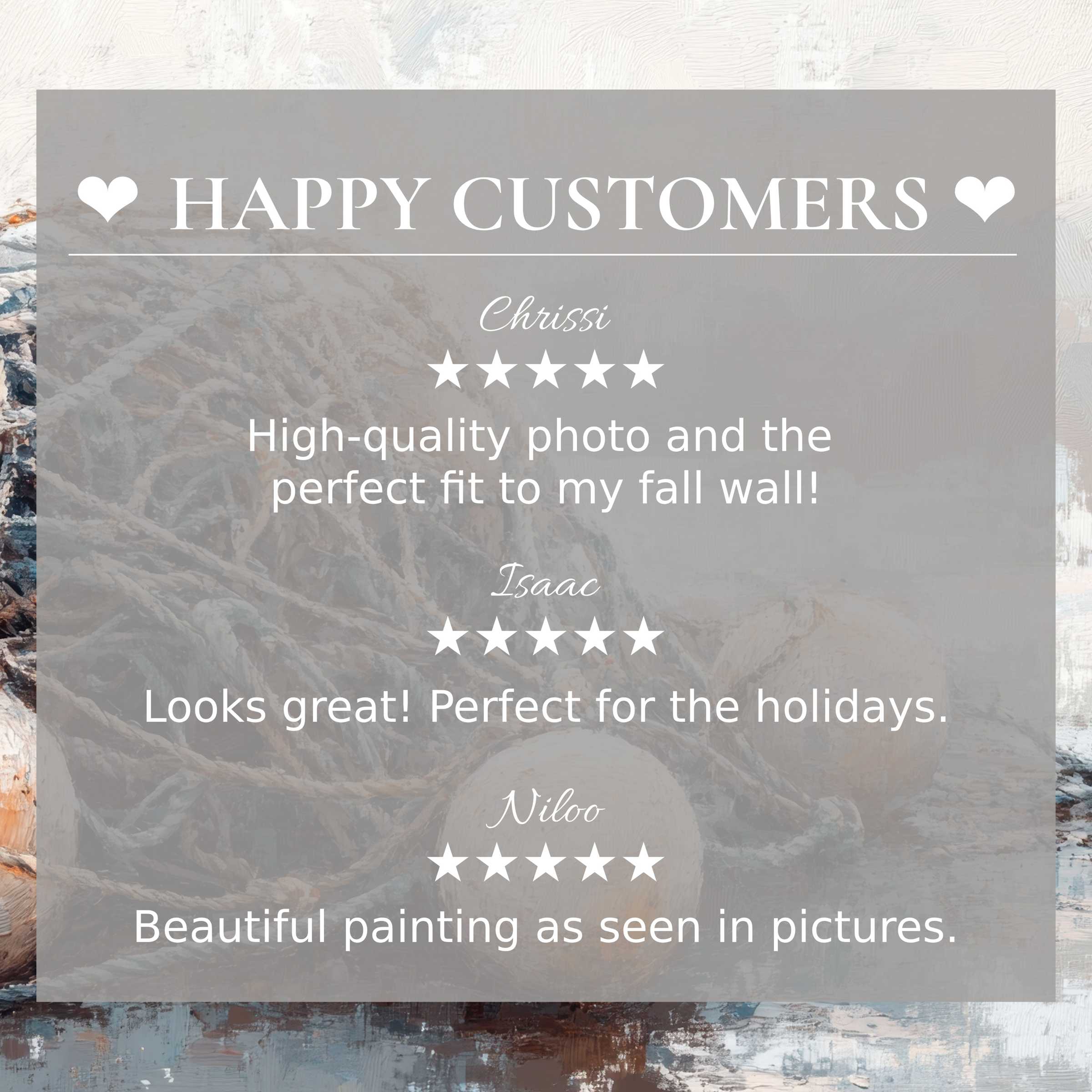 Coastal art for Frame TV with abstract rocky shore background, showcasing reviews from happy customers, exuding elegant trust