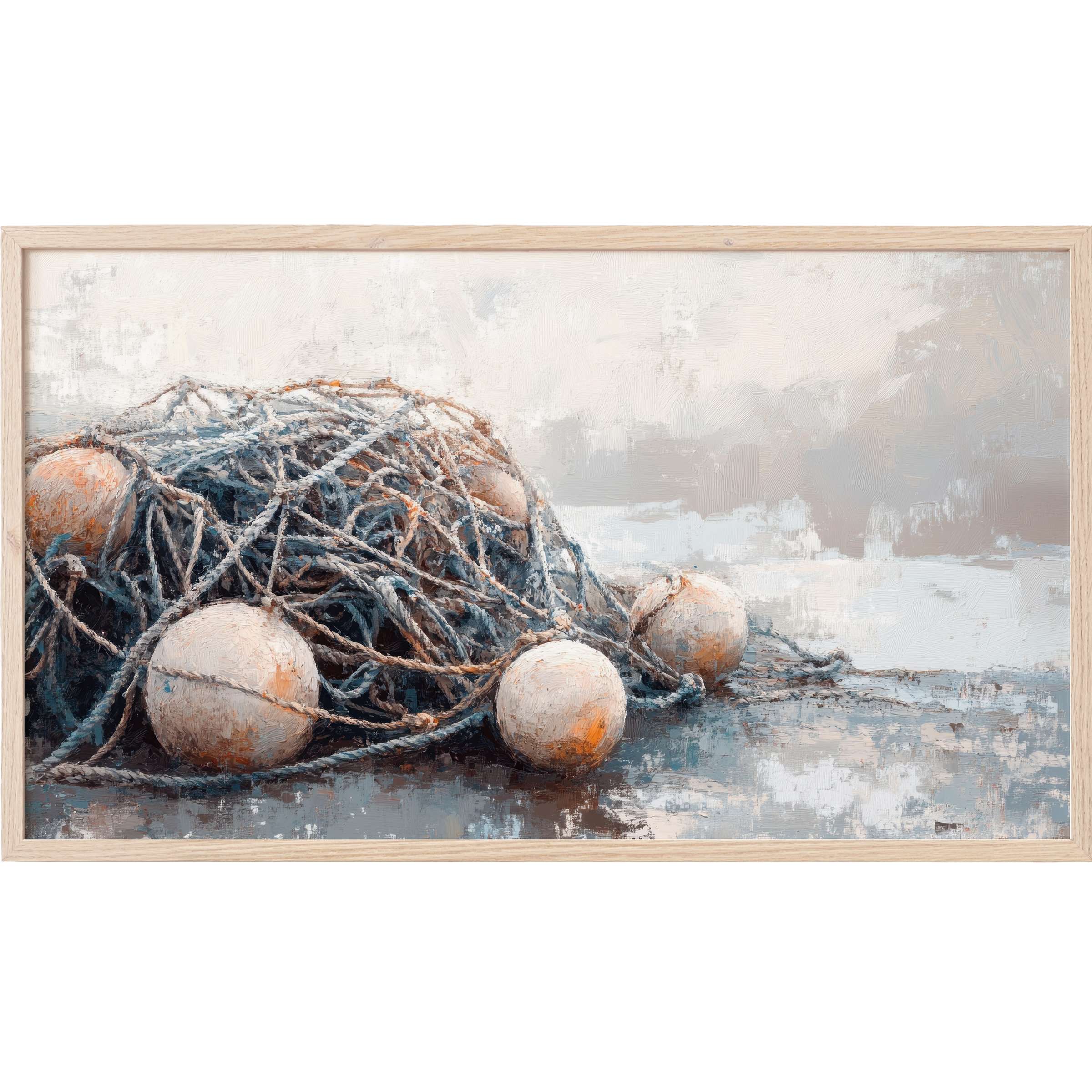 Textured coastal Frame TV Art in muted blues and soft oranges depicting tangled nets and buoys by the shore