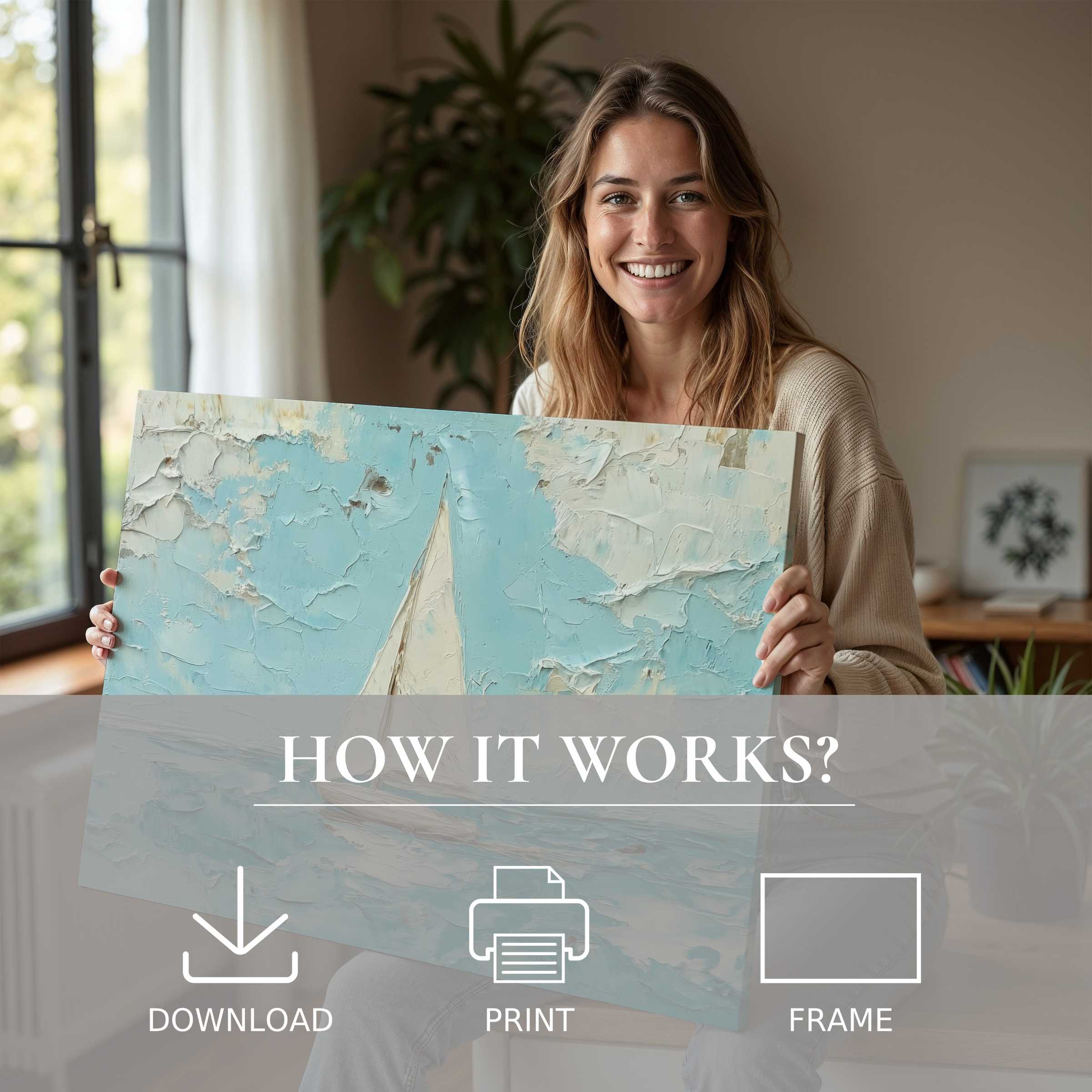 Bright summer digital art print radiates calm and warmth as a woman joyfully embraces effortless style in a modern home