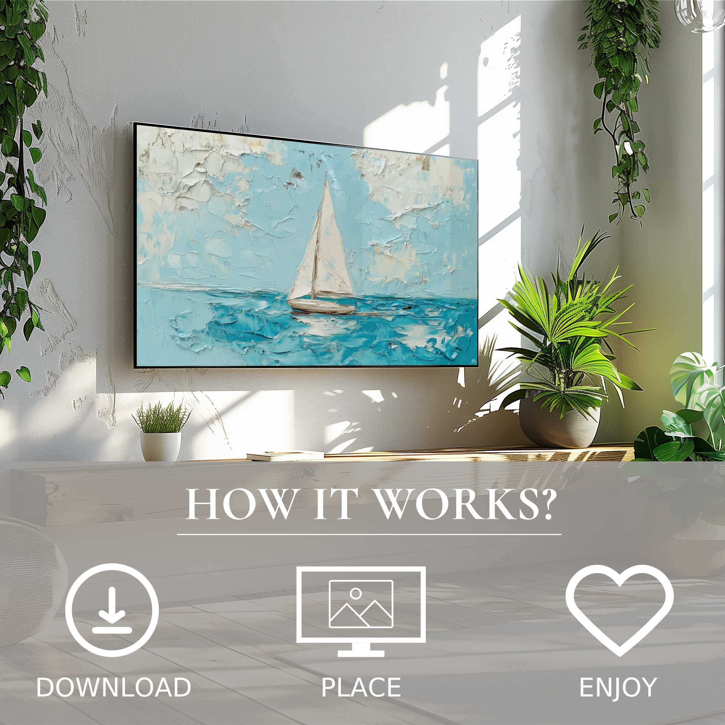 Summer art for Samsung TV showcasing soft textured sailboat motif; easy digital download enriches modern living spaces