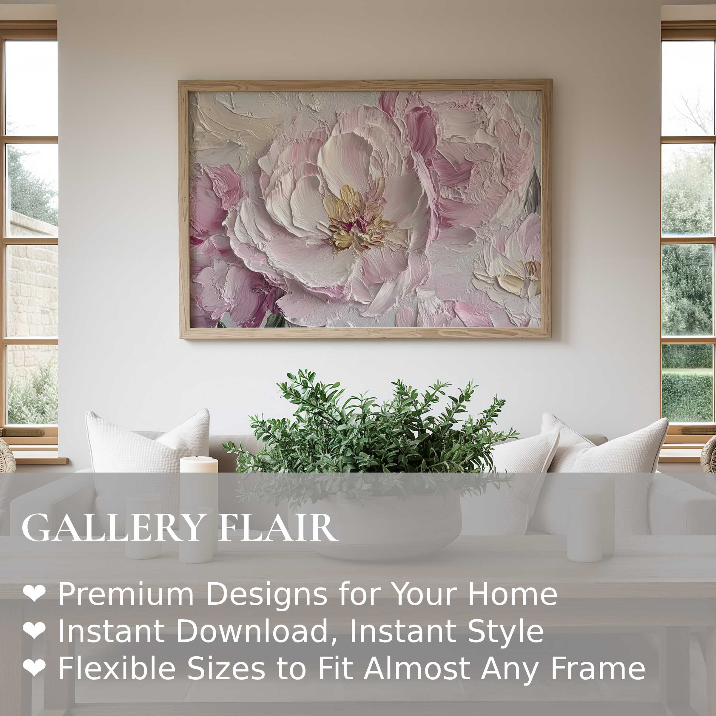 Spring wall art print featuring textured, soft pink peonies in a light natural wood frame, enhancing a serene modern living room with calming, elegant floral charm