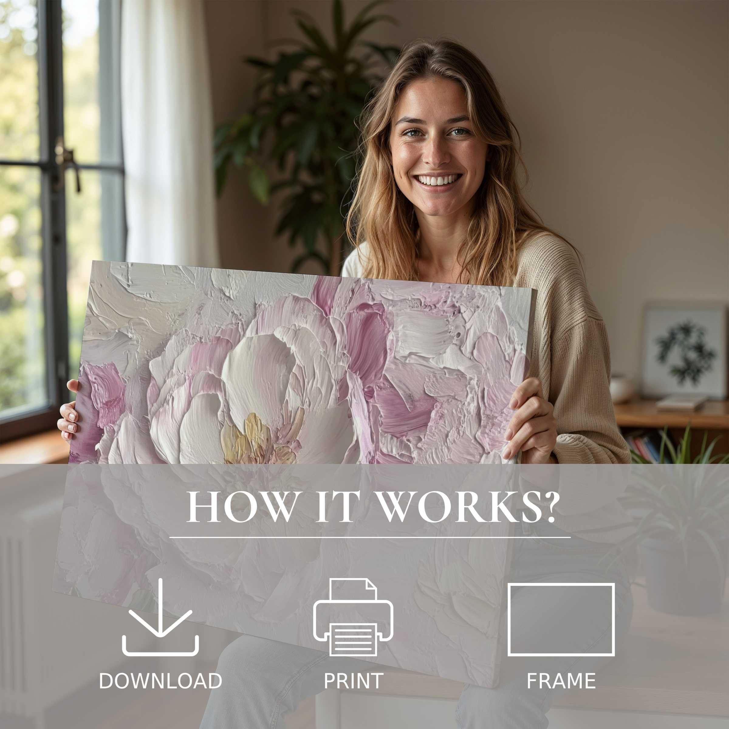 A serene moment of joy as a woman shares a delicate spring digital art print, enriching her modern home with effortless elegance