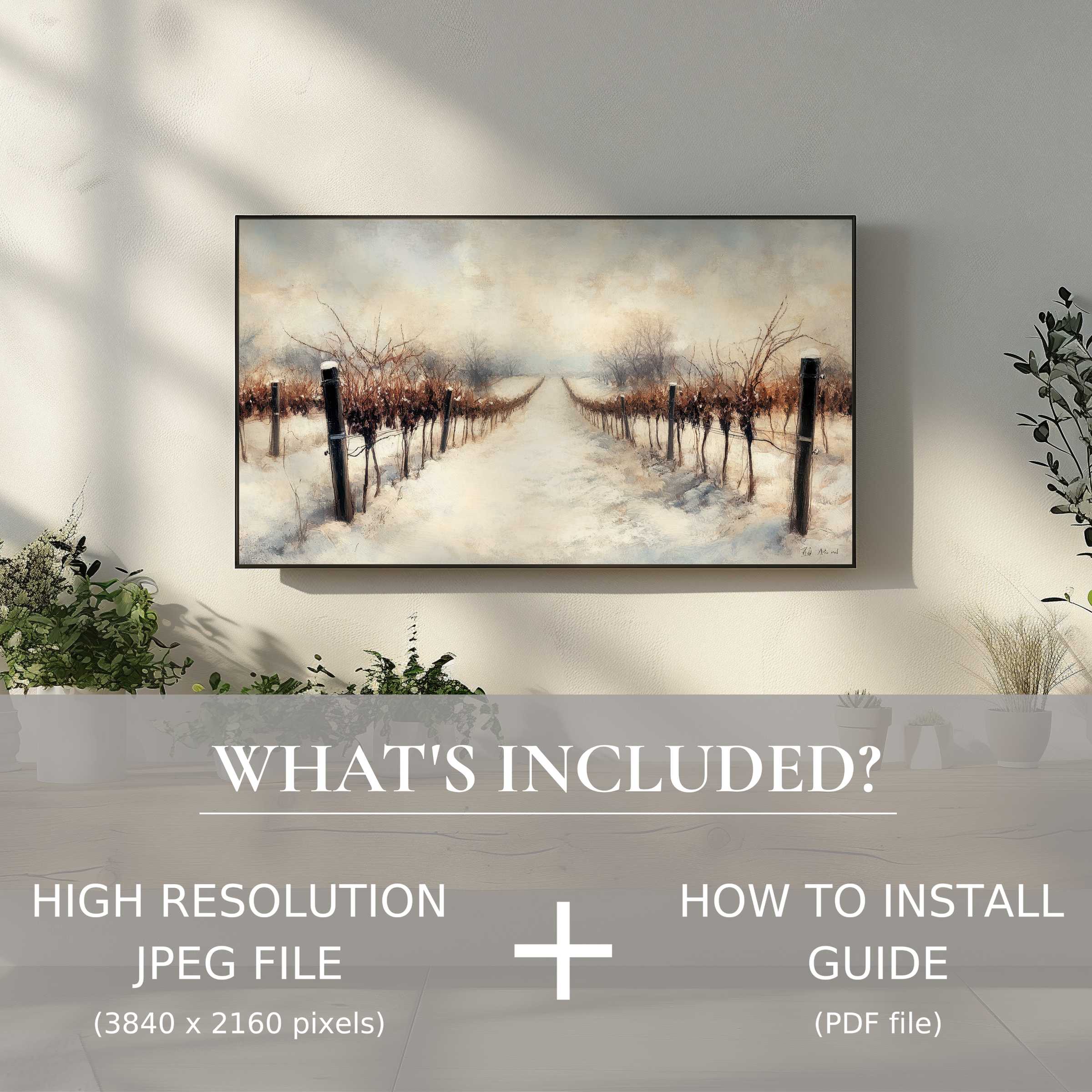 Winter digital TV art download featuring serene snowy vineyard, enhancing modern spaces with effortless digital elegance