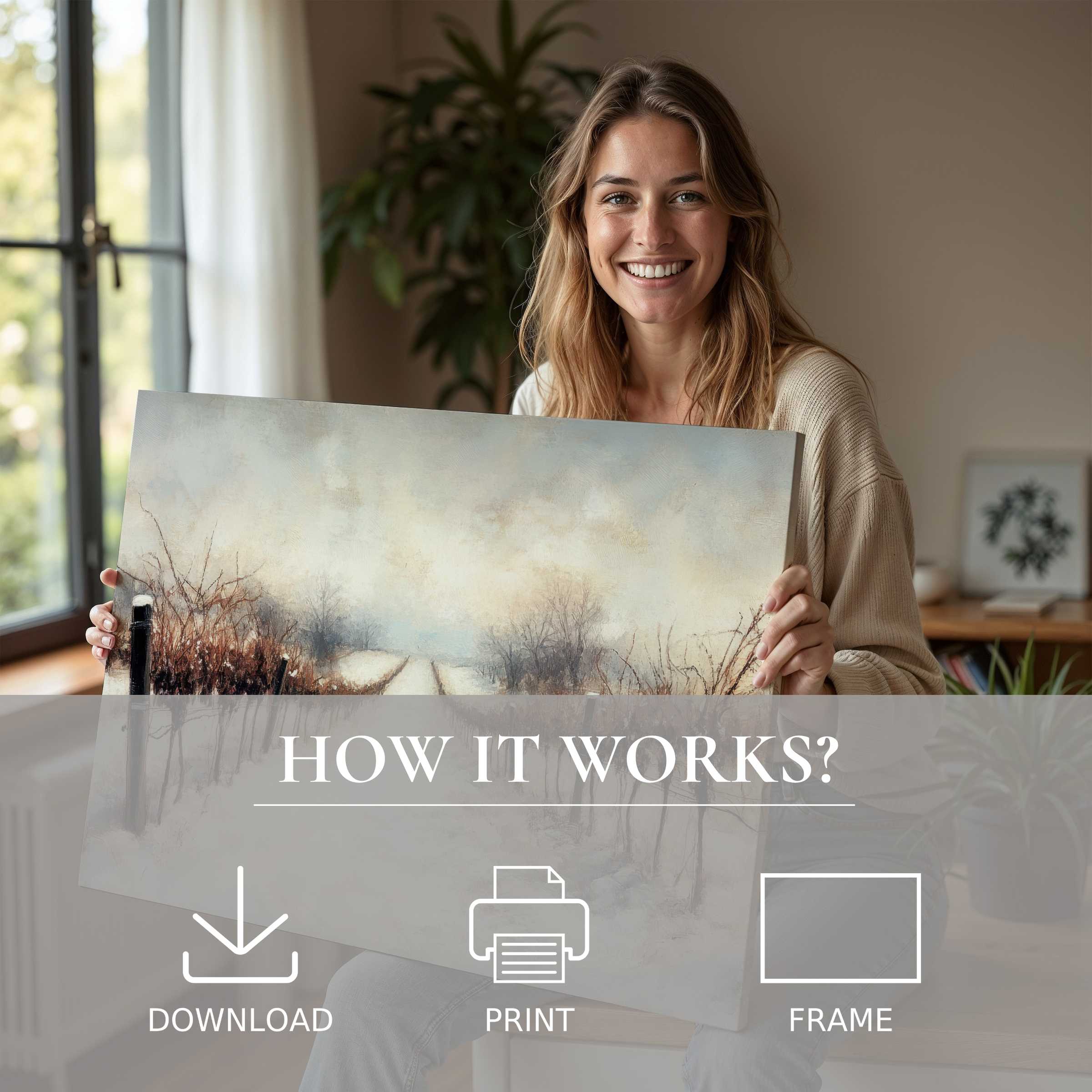 Radiate warmth and connection with this winter digital art print, effortlessly elevating modern living with serene elegance