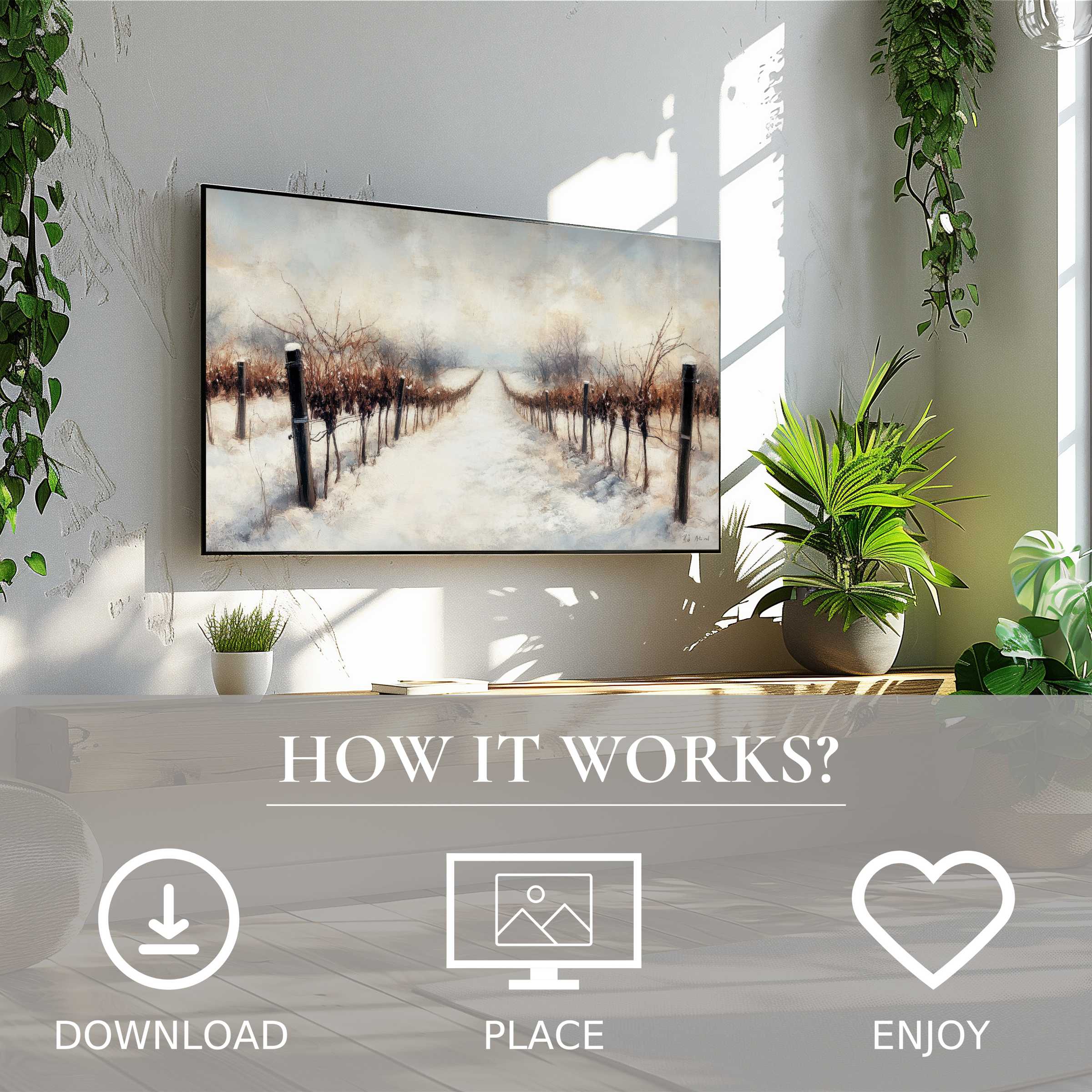 Winter art for Samsung TV shows soft snowy vineyard tones, easy digital download enriching modern living spaces