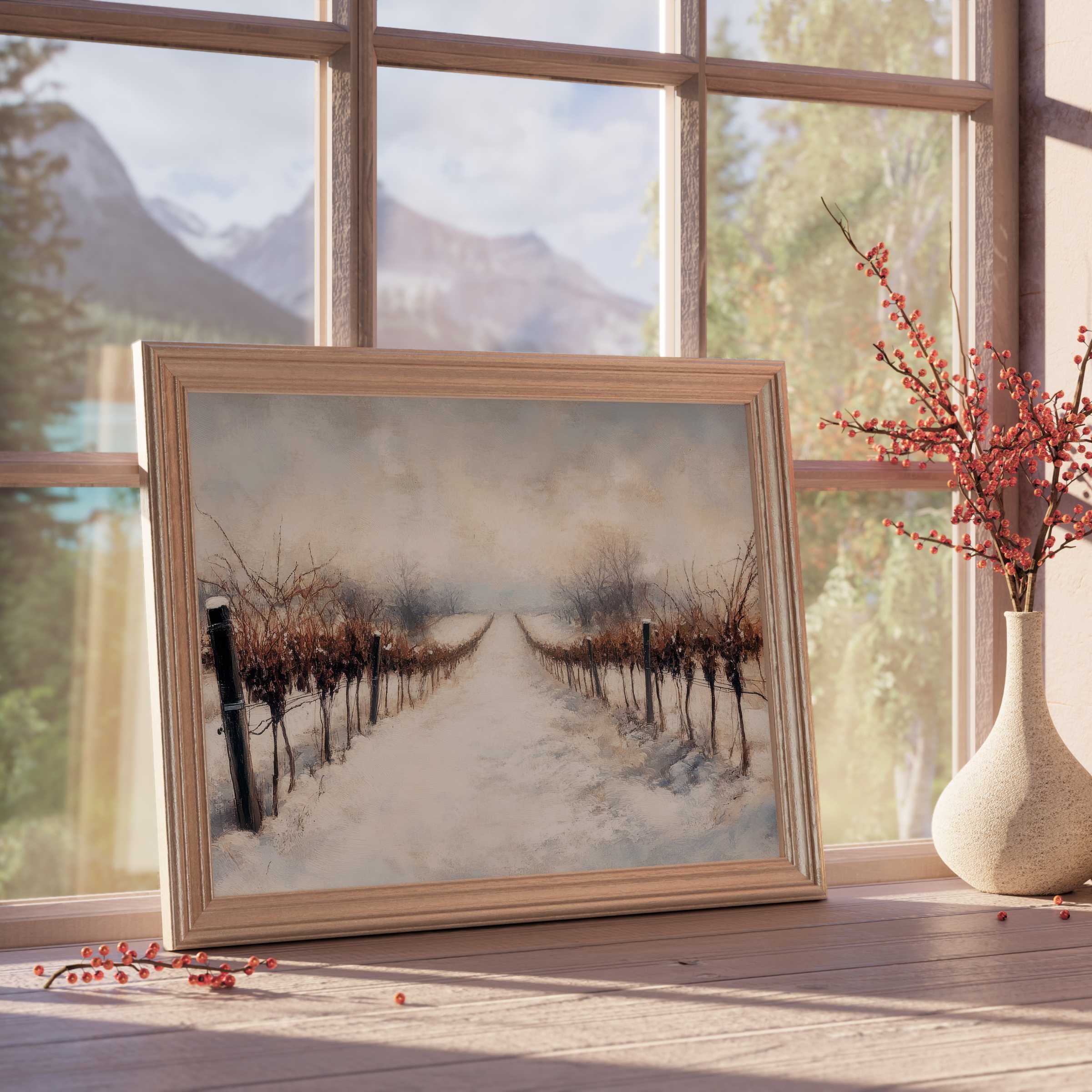 Winter downloadable art featuring a serene snow-covered vineyard path, enriching tranquil, curated interiors with warm, natural tones and refined elegance