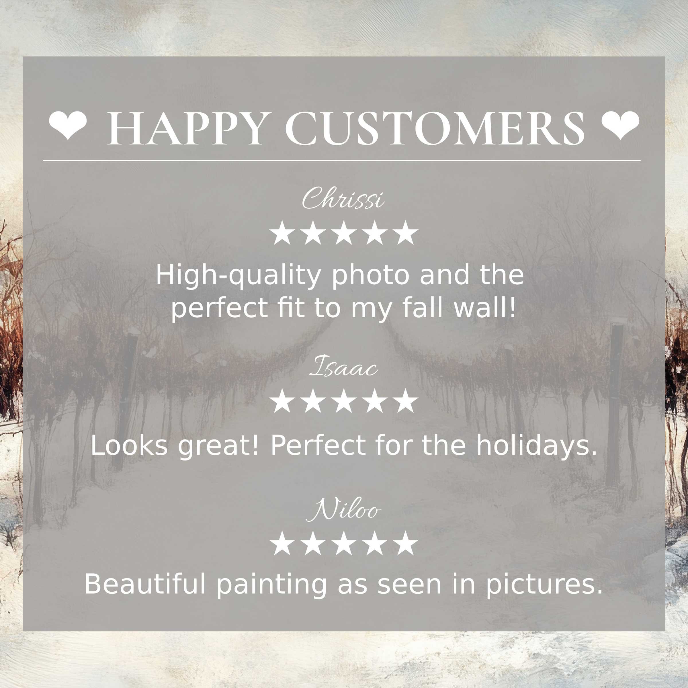 Winter art for Frame TV with abstract muted earth tones; layout inspires trust with happy customer reviews