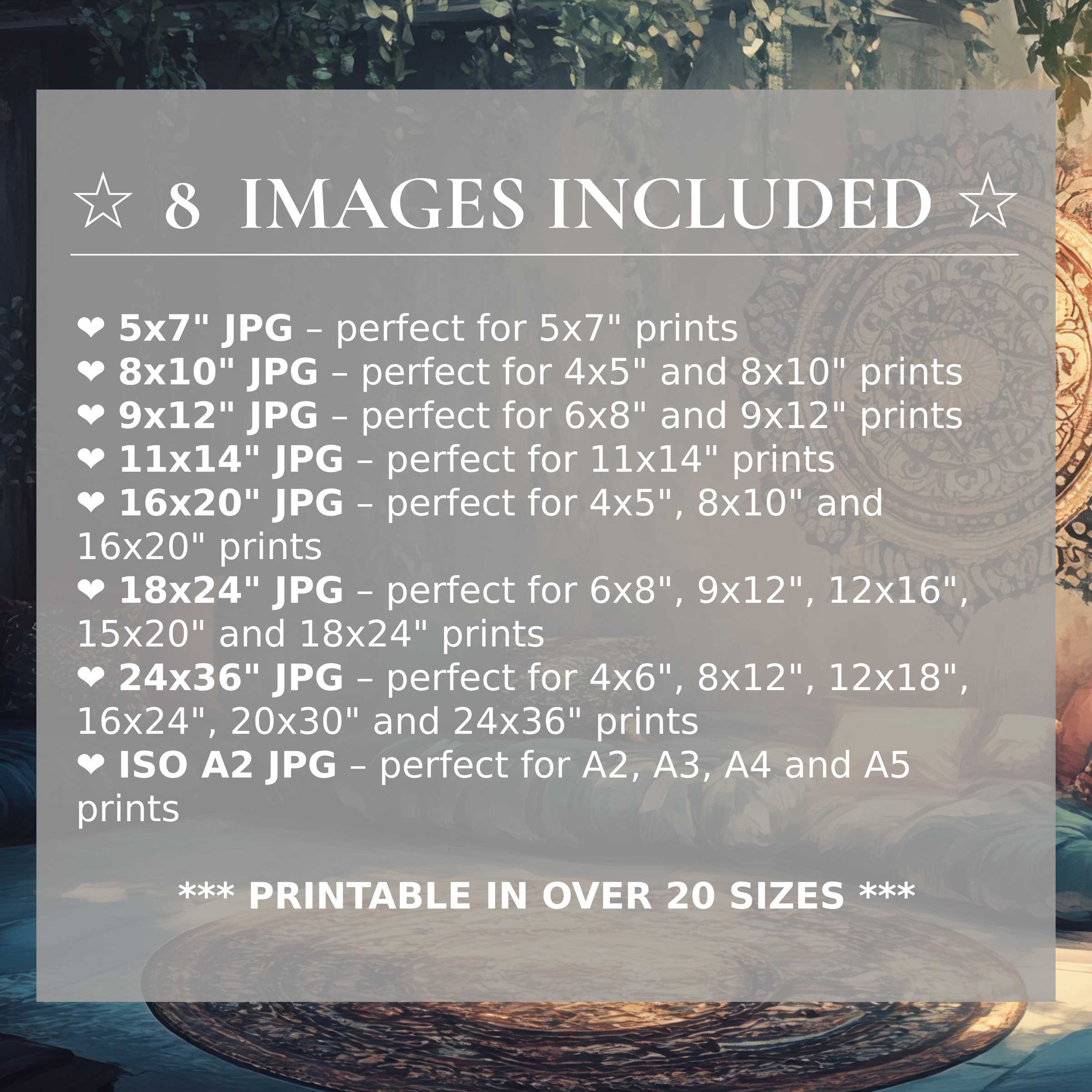 Boho digital print in deep emerald and warm gold hues, radiating calm and style, includes 8 high-quality sizes for versatile modern interiors