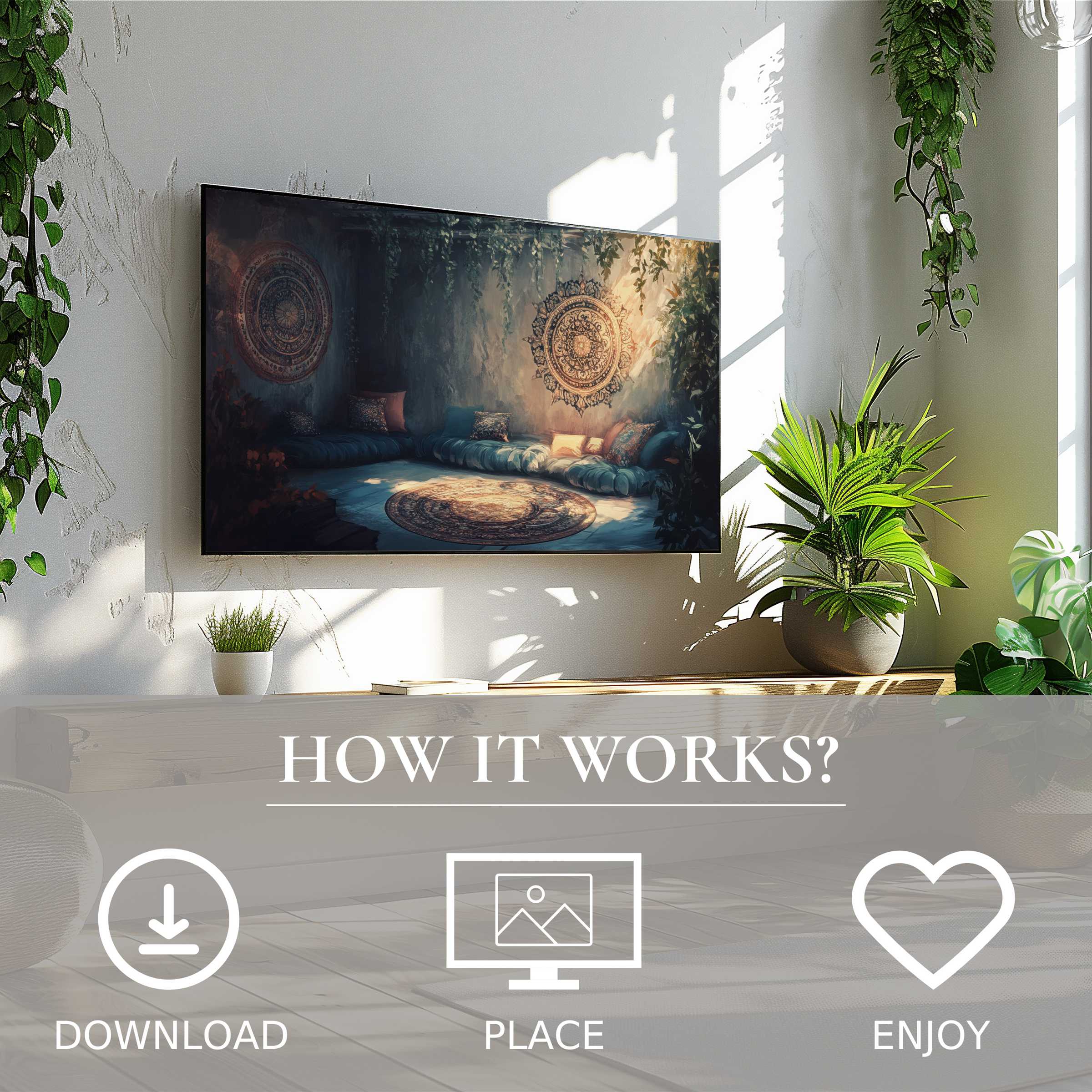 Boho art for Samsung TV: easy digital download, abstract warm sunset tones enrich modern living spaces with calm flow