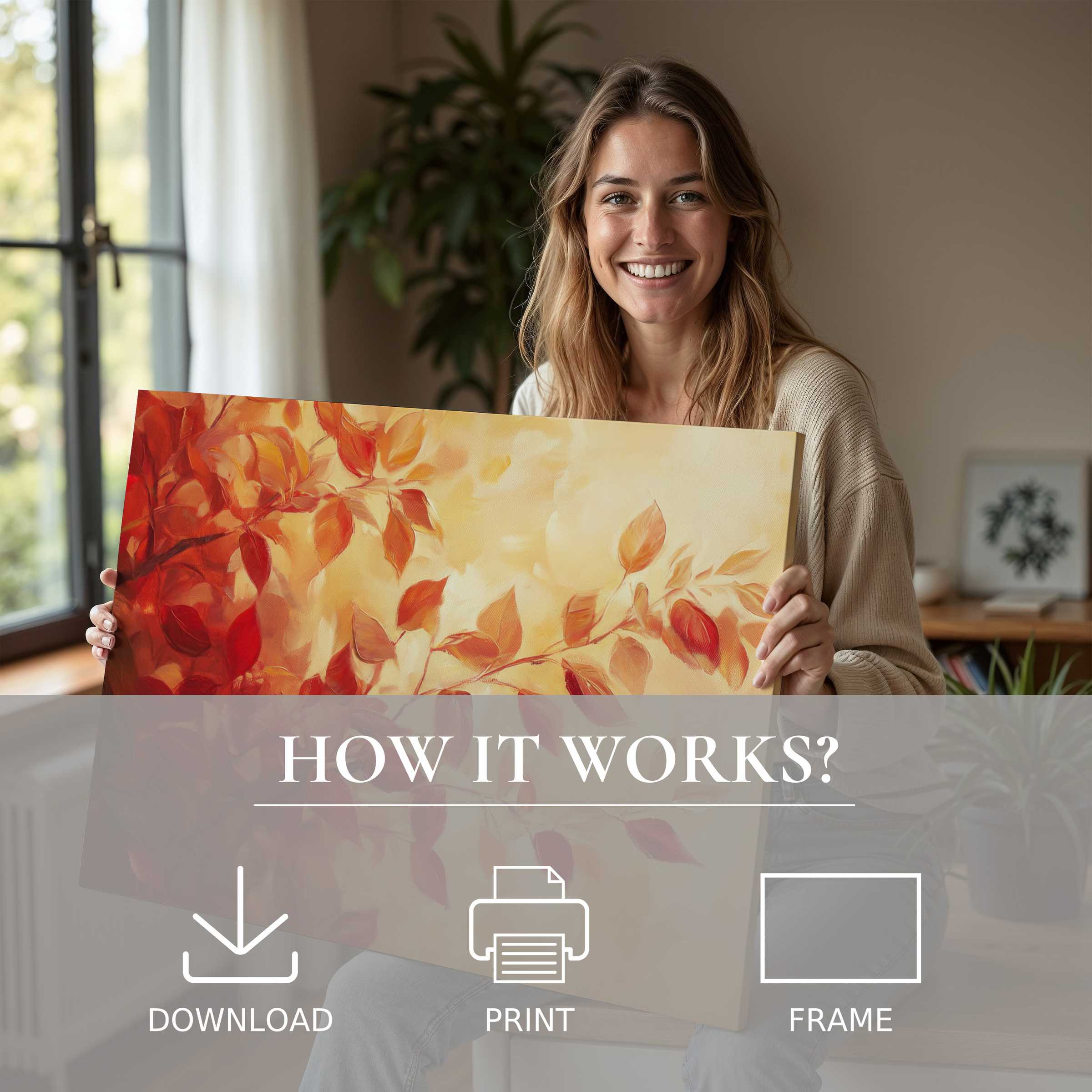 Woman joyfully embracing a warm-hued fall digital art print in a sunlit, modern home, celebrating art’s ease and beauty