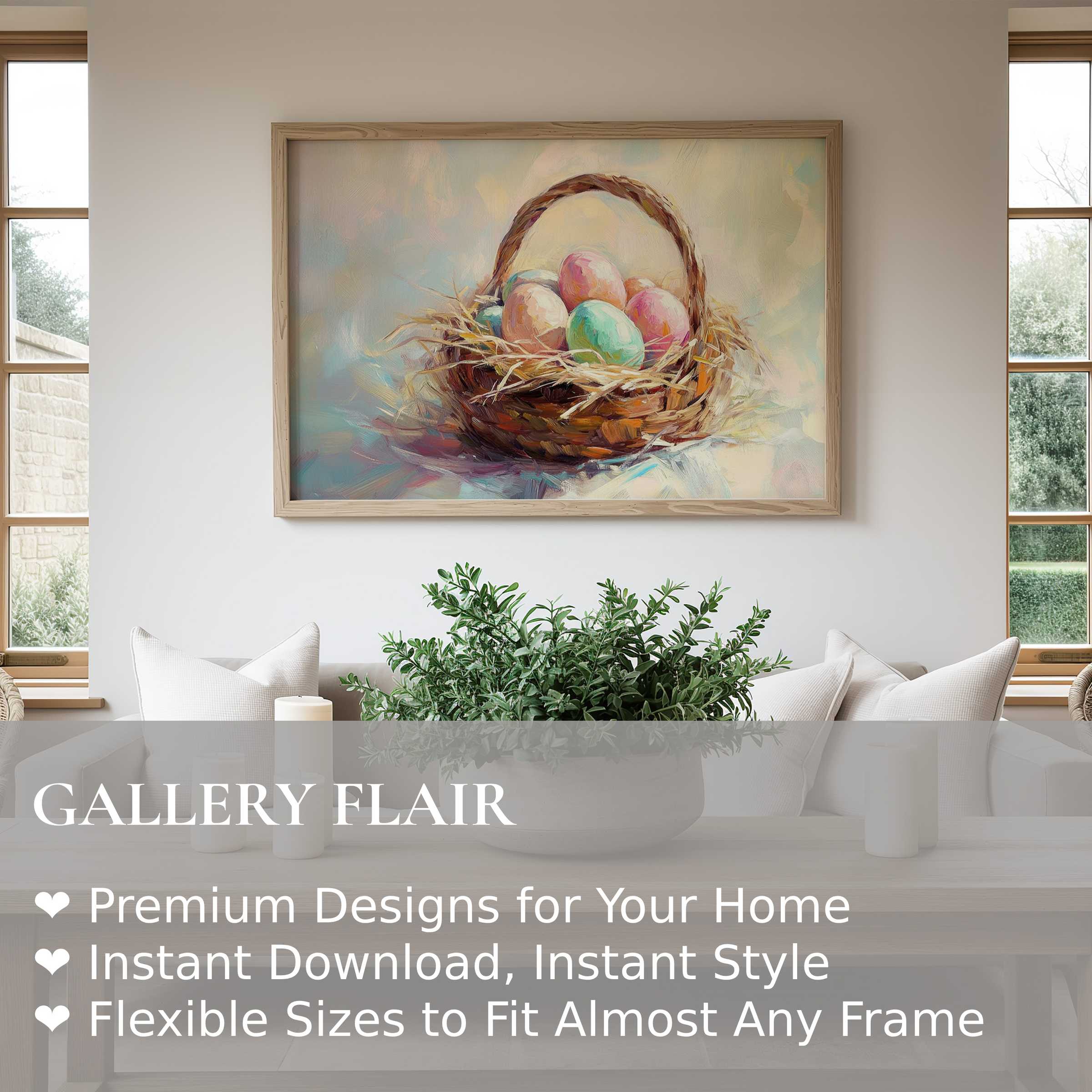 Easter wall art print featuring a radiant basket of pastel eggs, enhancing modern farmhouse interiors with warm, calming charm