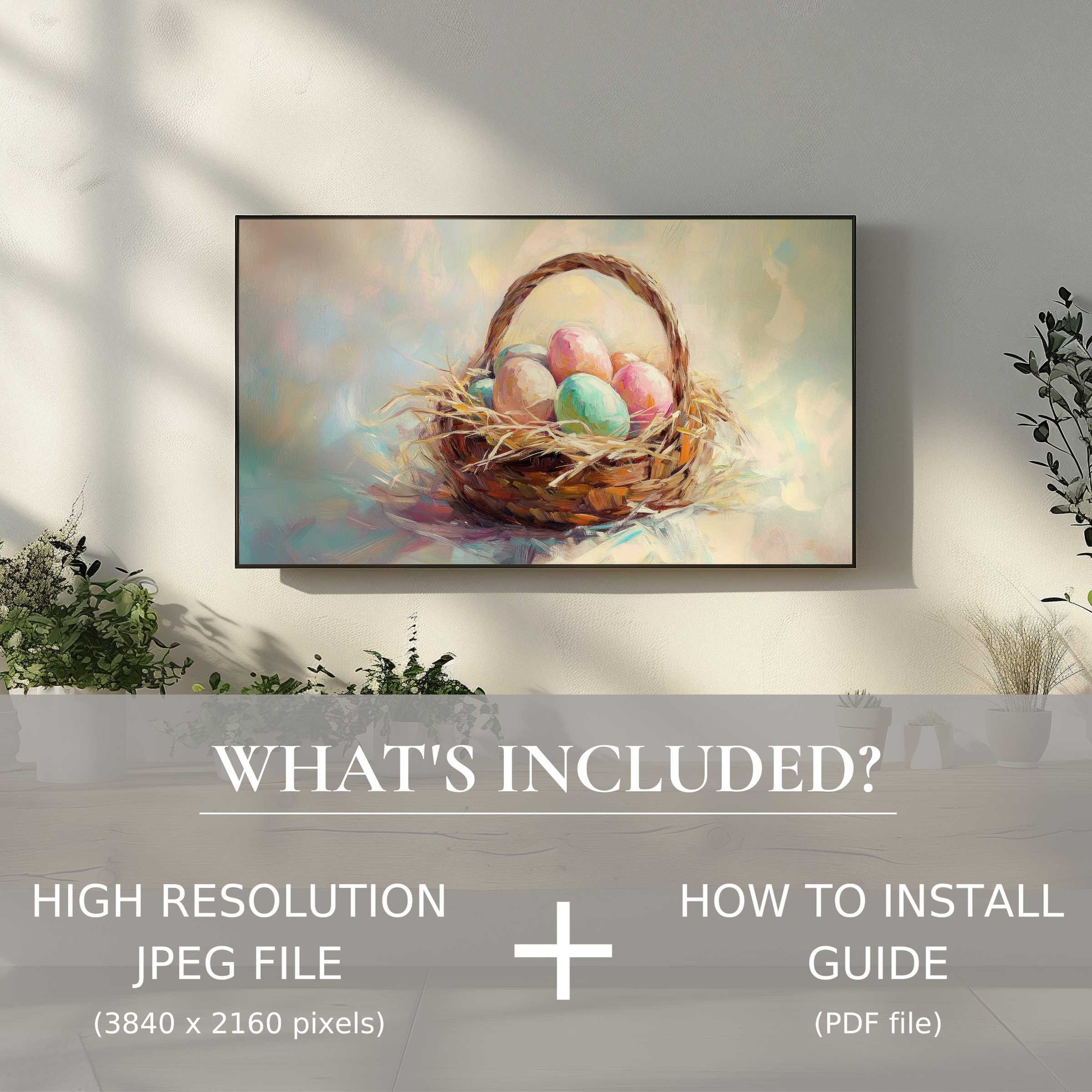 Elegant living room with easter digital TV art download; easy to use, enriching your modern space with style