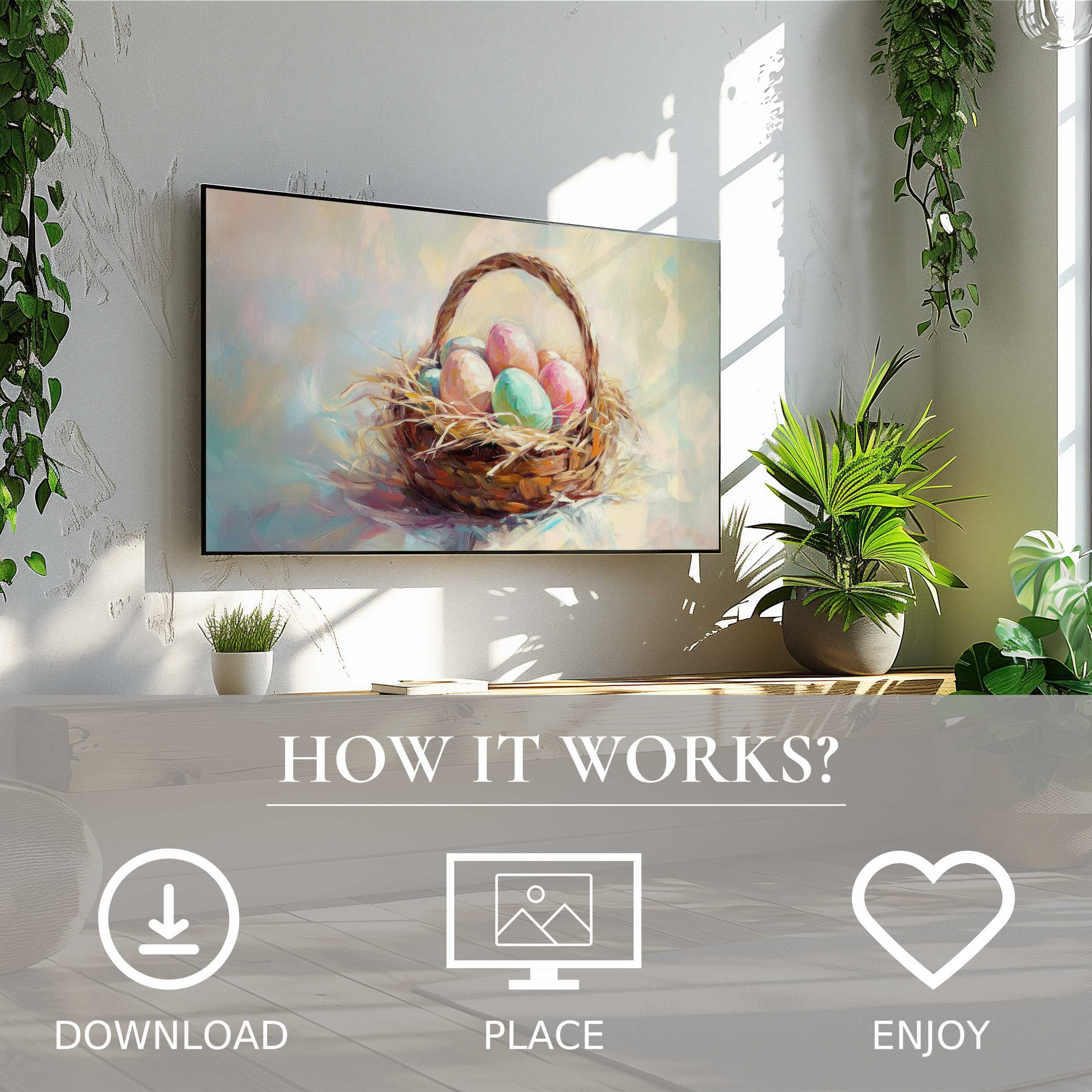 Easter art for Samsung TV shows soft pastel eggs in basket; easy digital download enriches fresh, modern living spaces