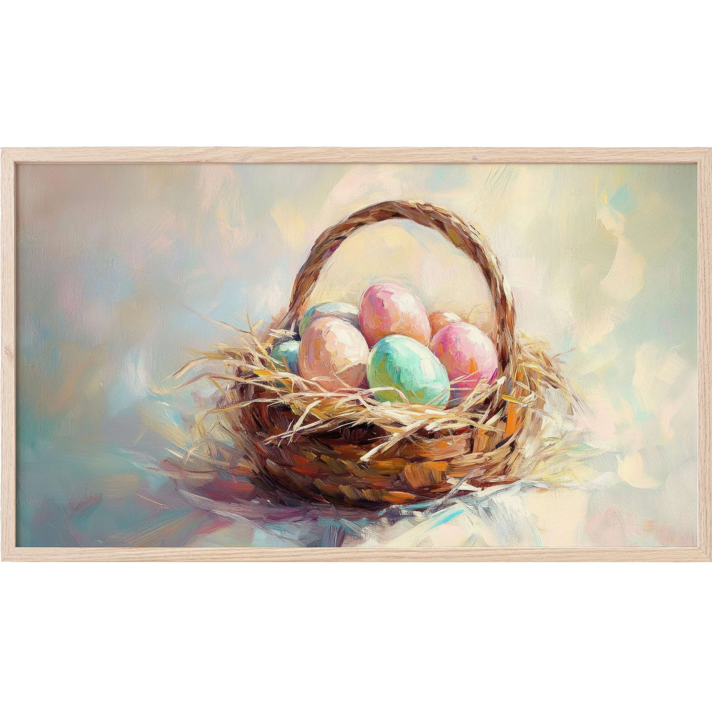 Soft pastel Easter eggs nest in a rustic wicker basket, painted with elegant brushstrokes, easter Frame TV Art