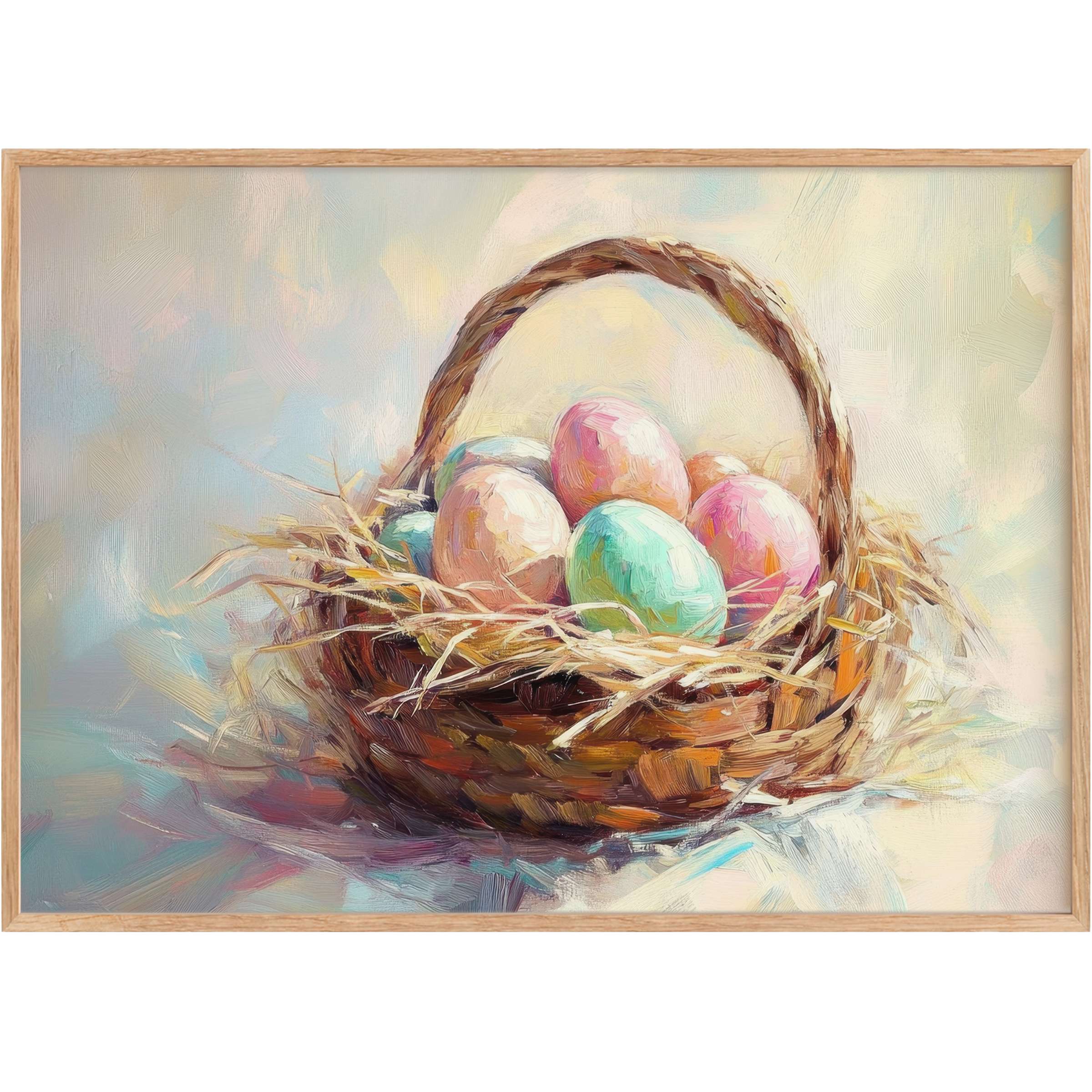 Easter printable wall art featuring a rustic basket with pastel eggs in soft blues and pinks, evoking a serene, welcoming charm