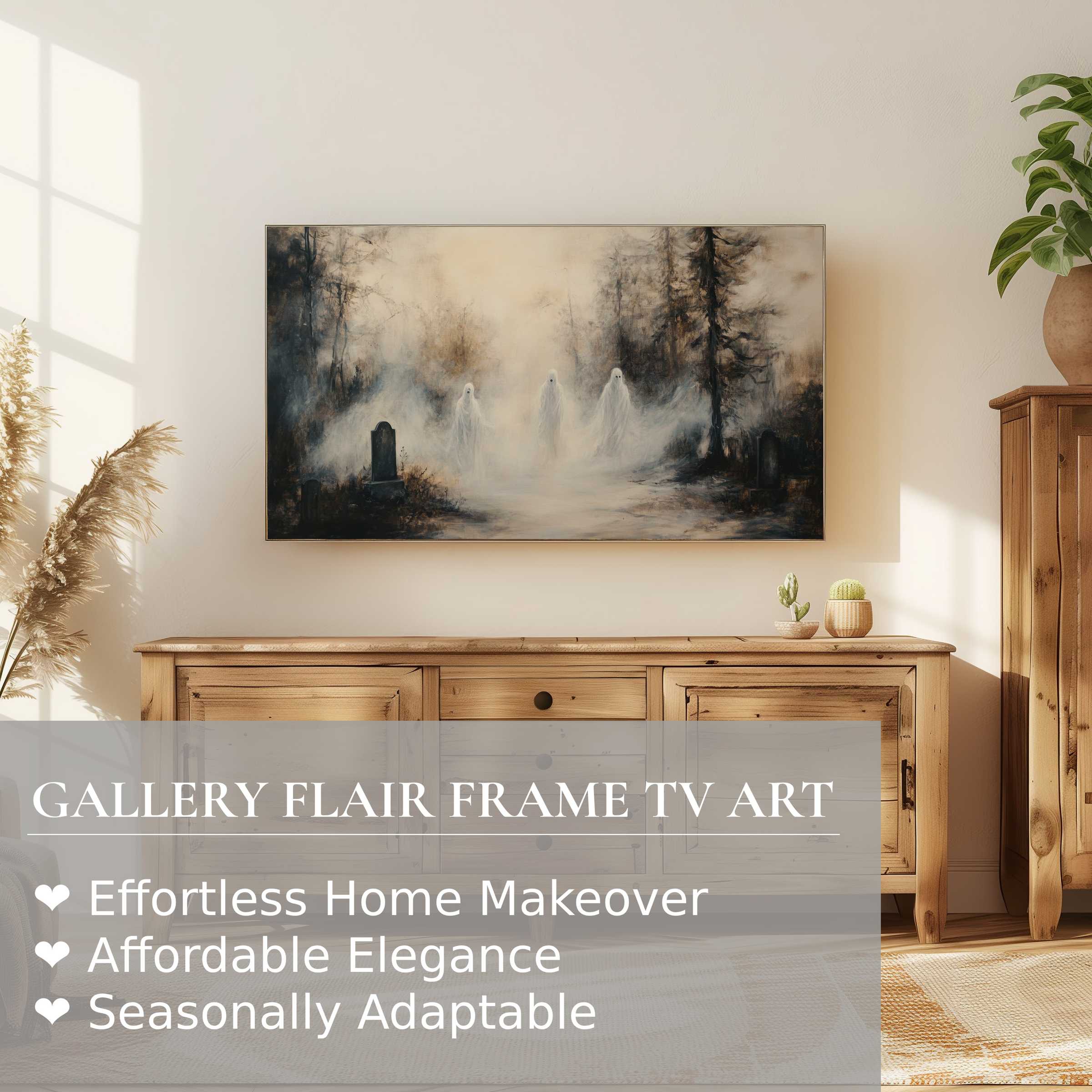 Samsung Frame TV displays hauntingly elegant Halloween digital artwork in a serene, modern living space