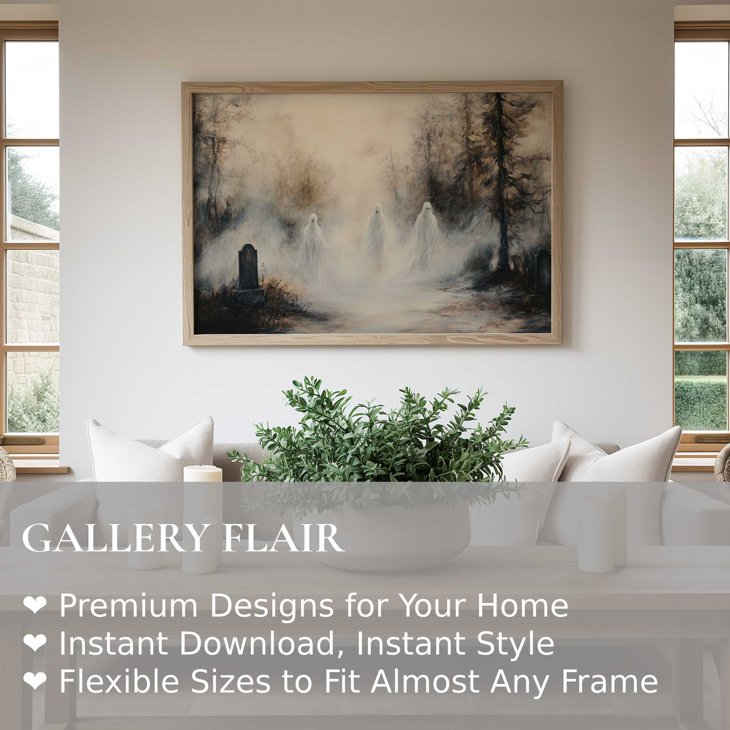 Ethereal halloween wall art print featuring ghostly figures in a misty woodland graveyard, adding bold, moody elegance to modern minimalist interiors