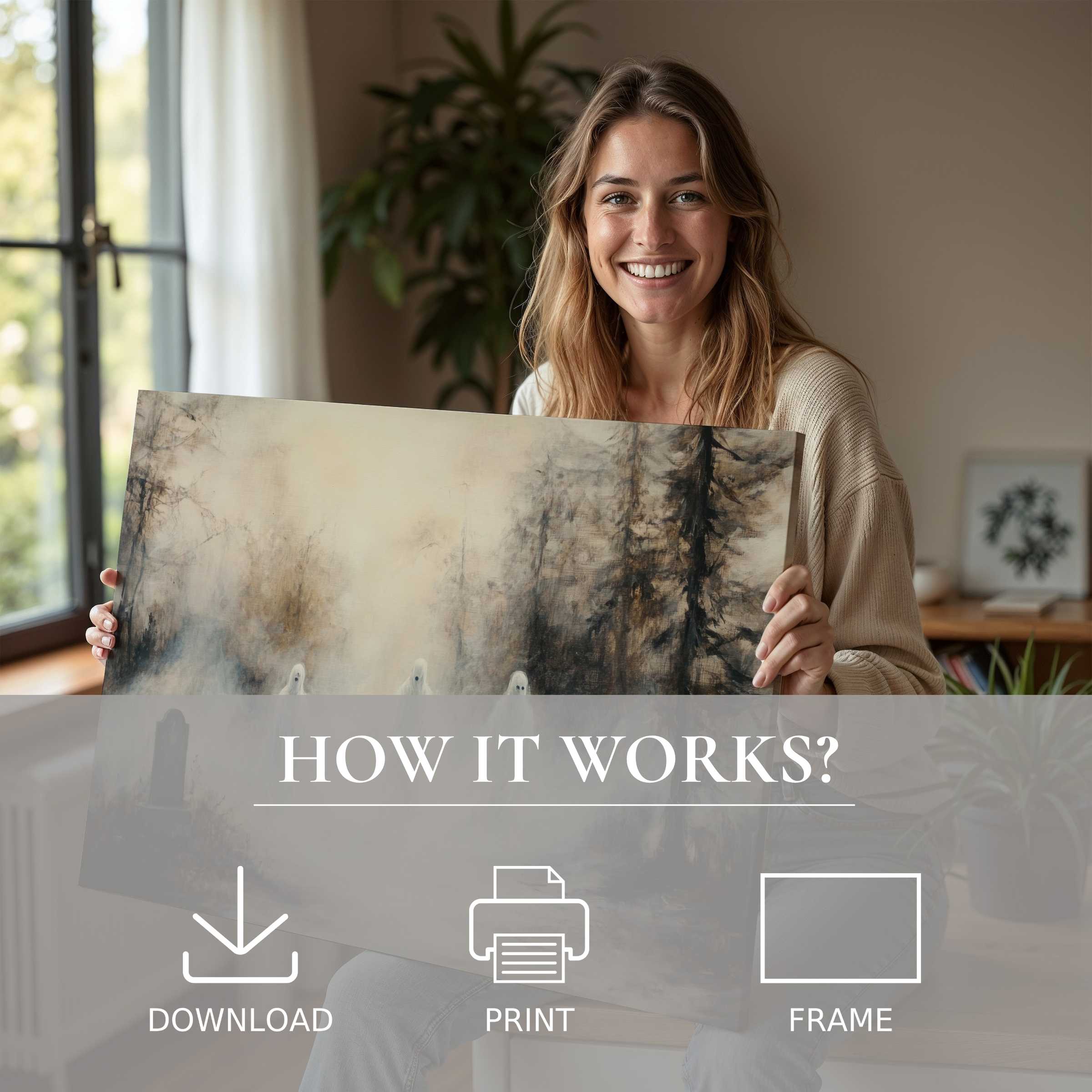 A joyful moment unveiling a serene halloween digital art print, elevating modern living with effortless style and warmth