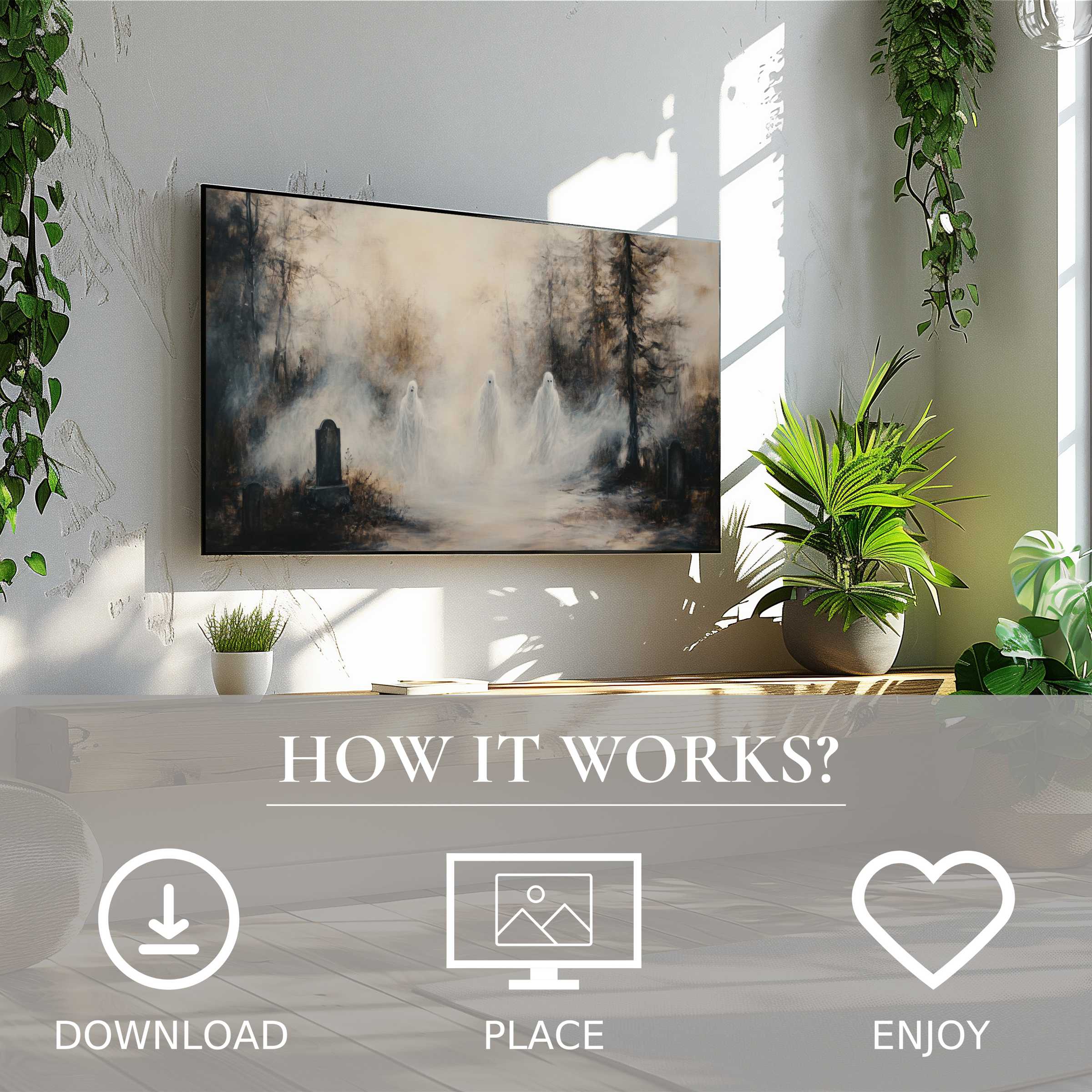 Halloween art for Samsung TV shows ghostly mists and dark trees, easy digital download enriches modern living spaces