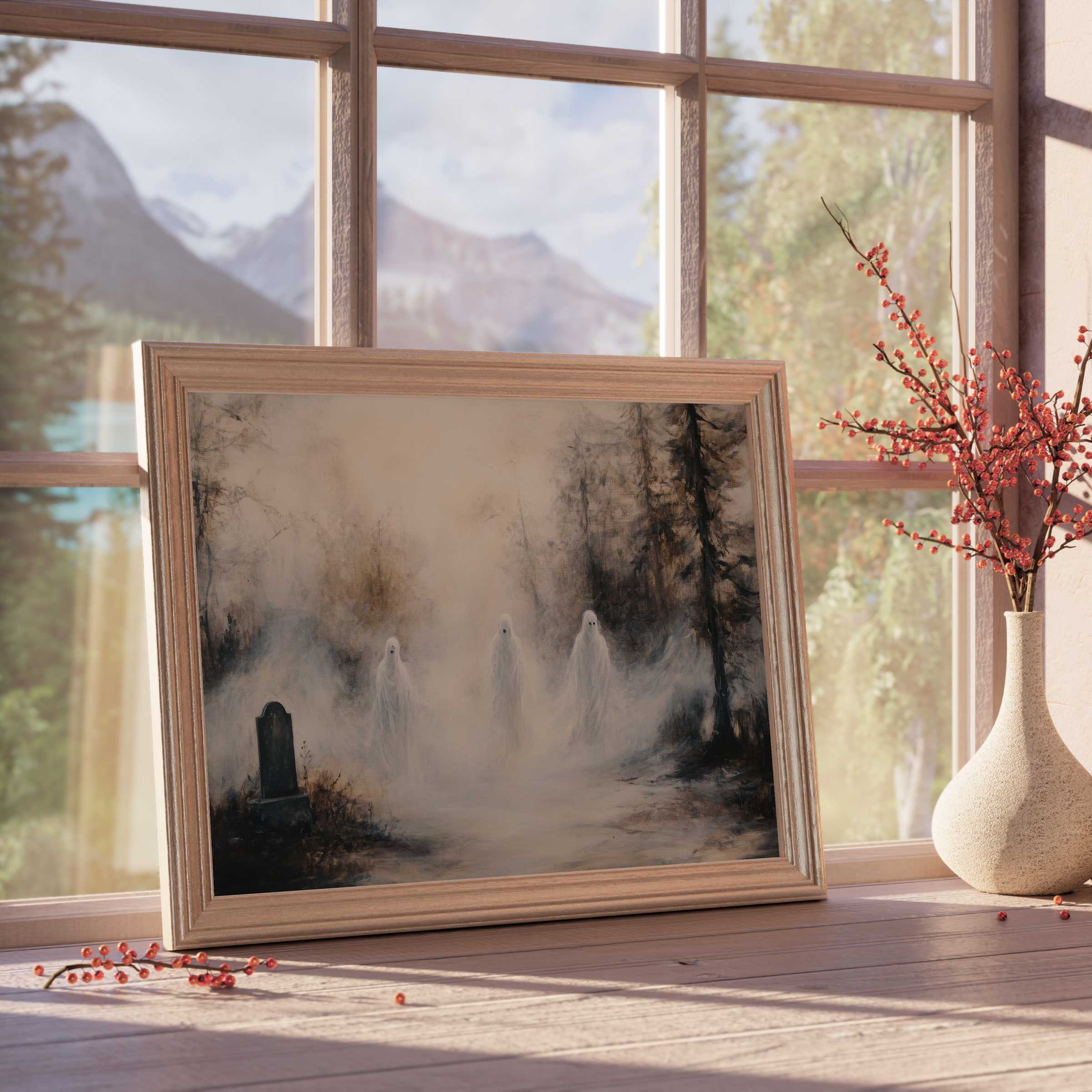 Ethereal halloween downloadable art with ghostly figures amidst misty woods, enriching curated interiors with tranquil, moody elegance