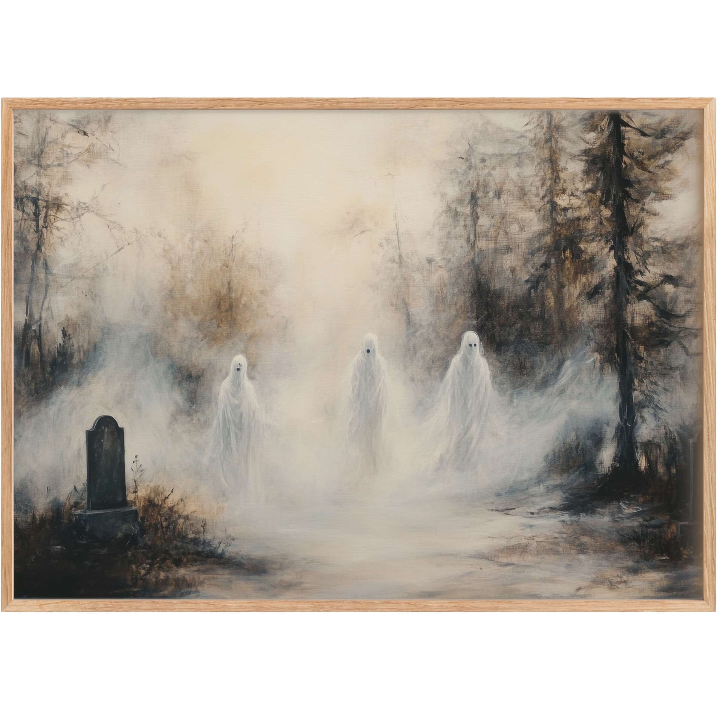 Hauntingly ethereal halloween printable wall art featuring ghostly figures in a misty forest, evoking eerie tranquility with muted grays and soft browns