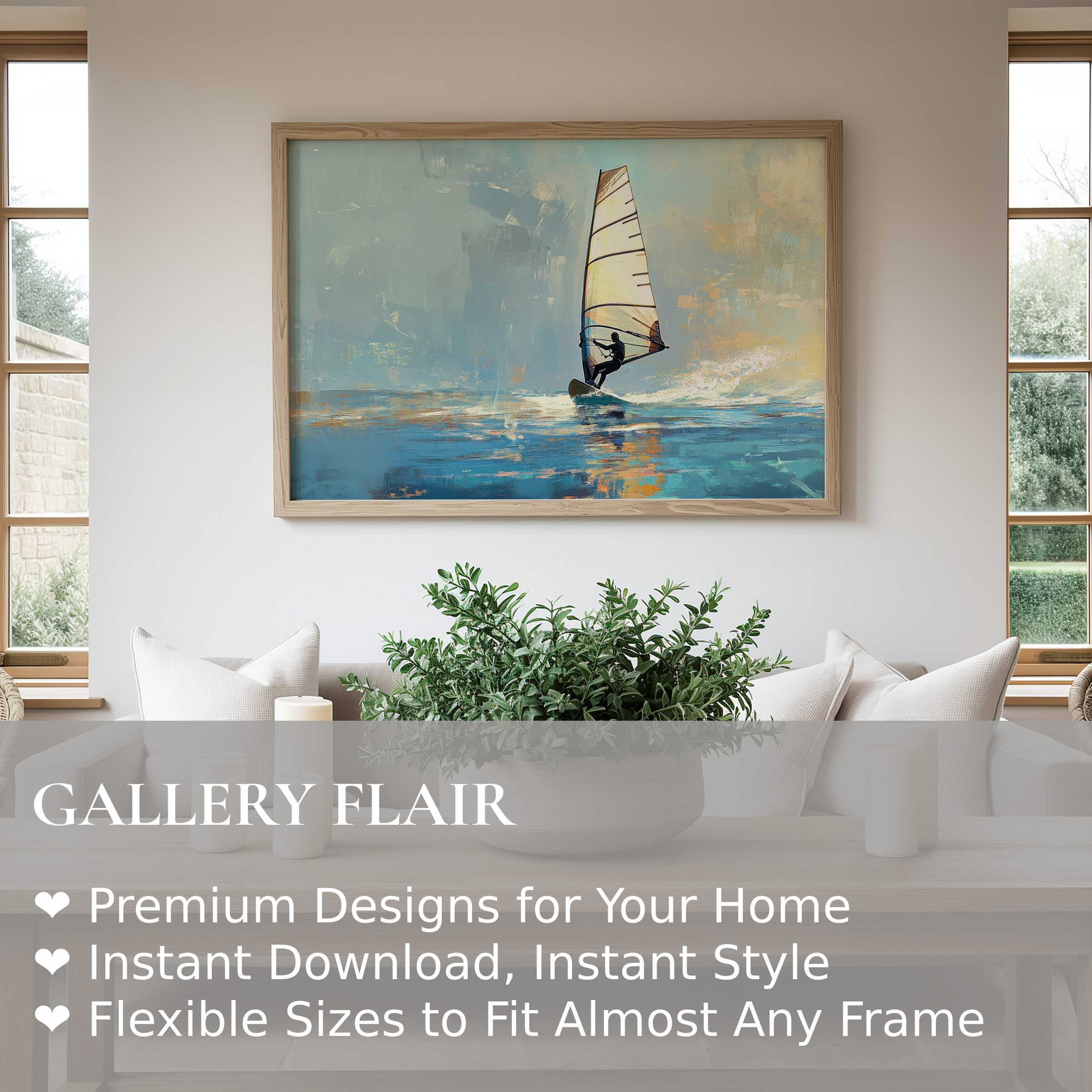 Calm beach wall art print featuring a radiant windsurfer scene in soothing blues, enhancing modern coastal interiors with serene elegance