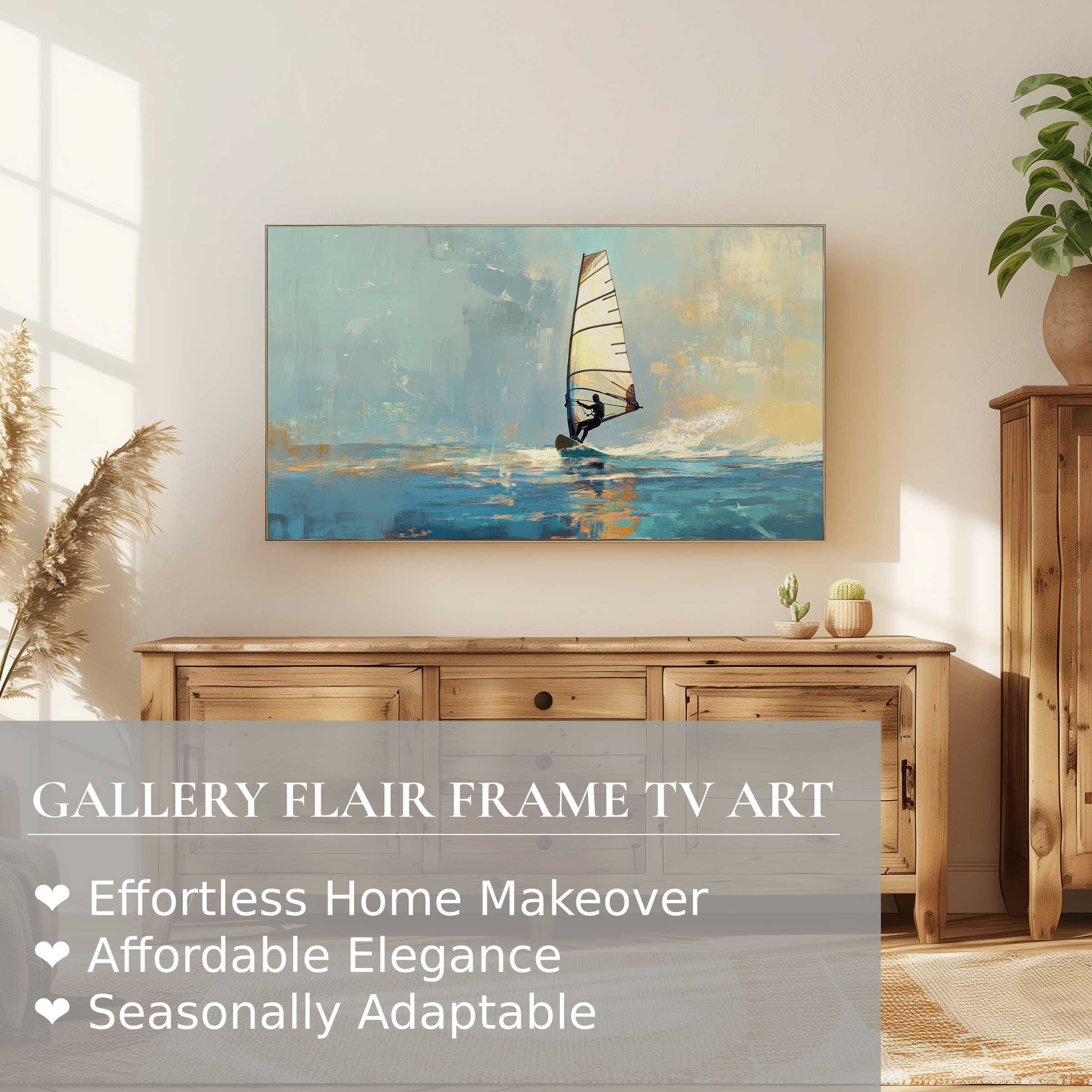 Samsung Frame TV displays serene beach digital artwork with modern elegance in a warm, natural home setting