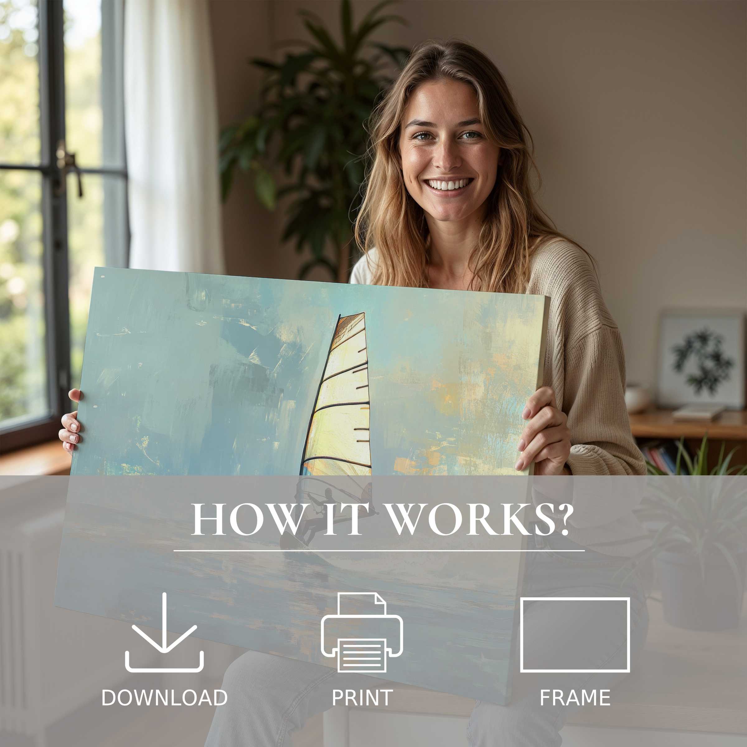 Elegant beach digital art print in soft ocean hues, bringing serene joy and effortless style to modern living spaces