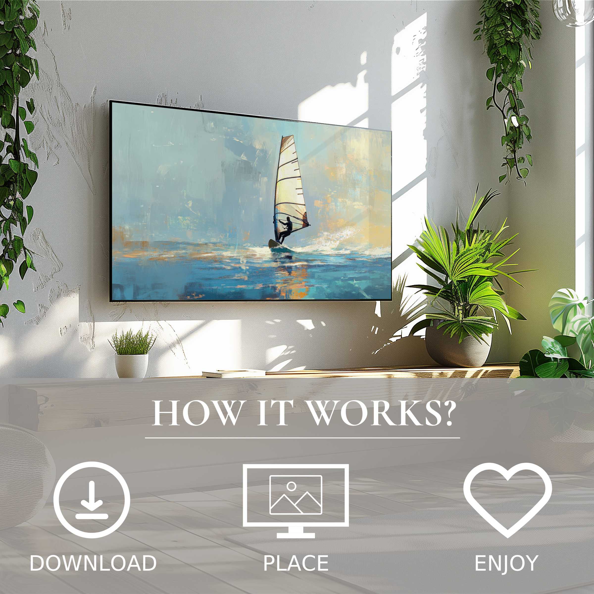 Beach art for Samsung TV, easy digital download, soft sunset tones enhance modern living with calming seaside vibes