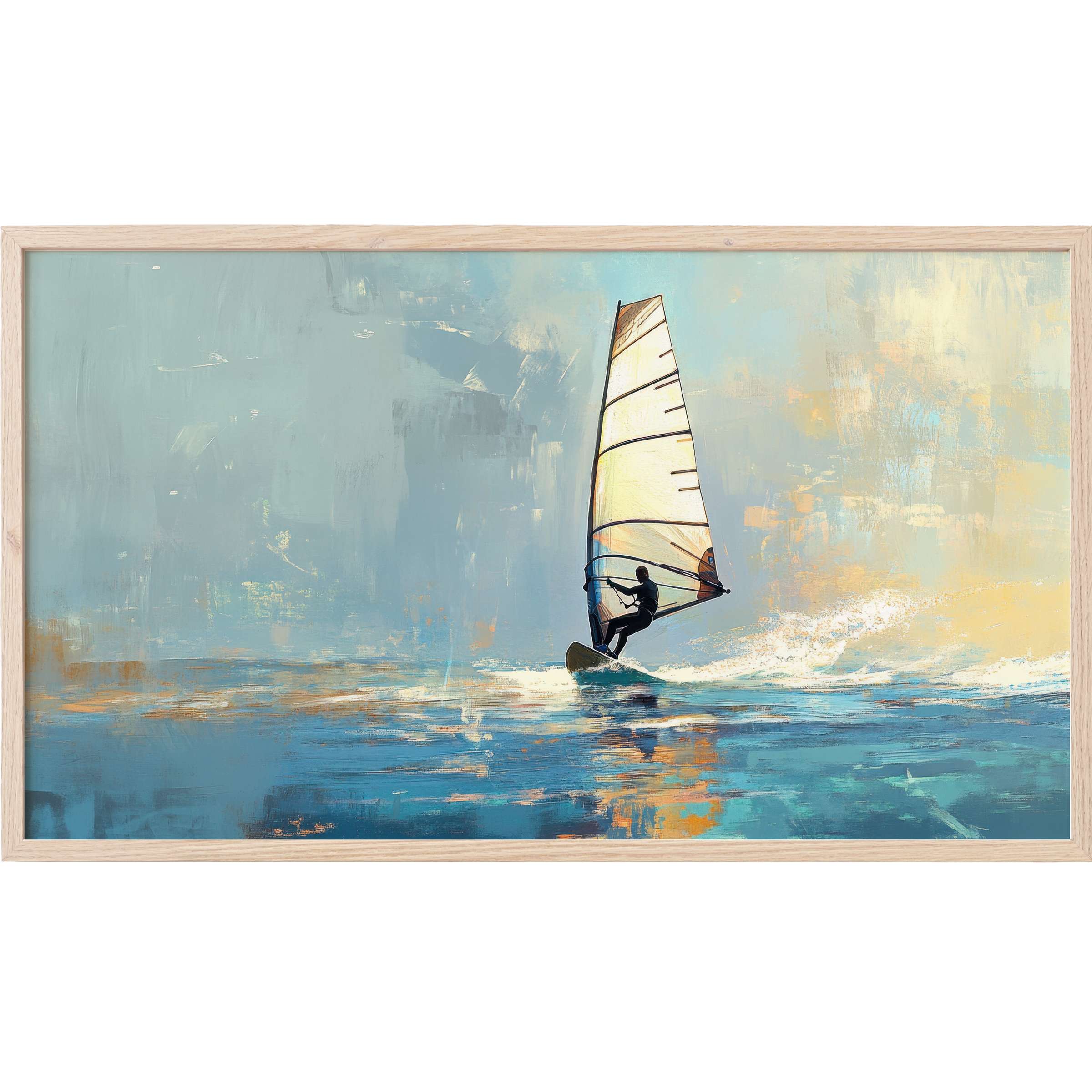 Elegant beach Frame TV Art with serene blues and warm golden hues in a modern, impressionistic windsurfing scene