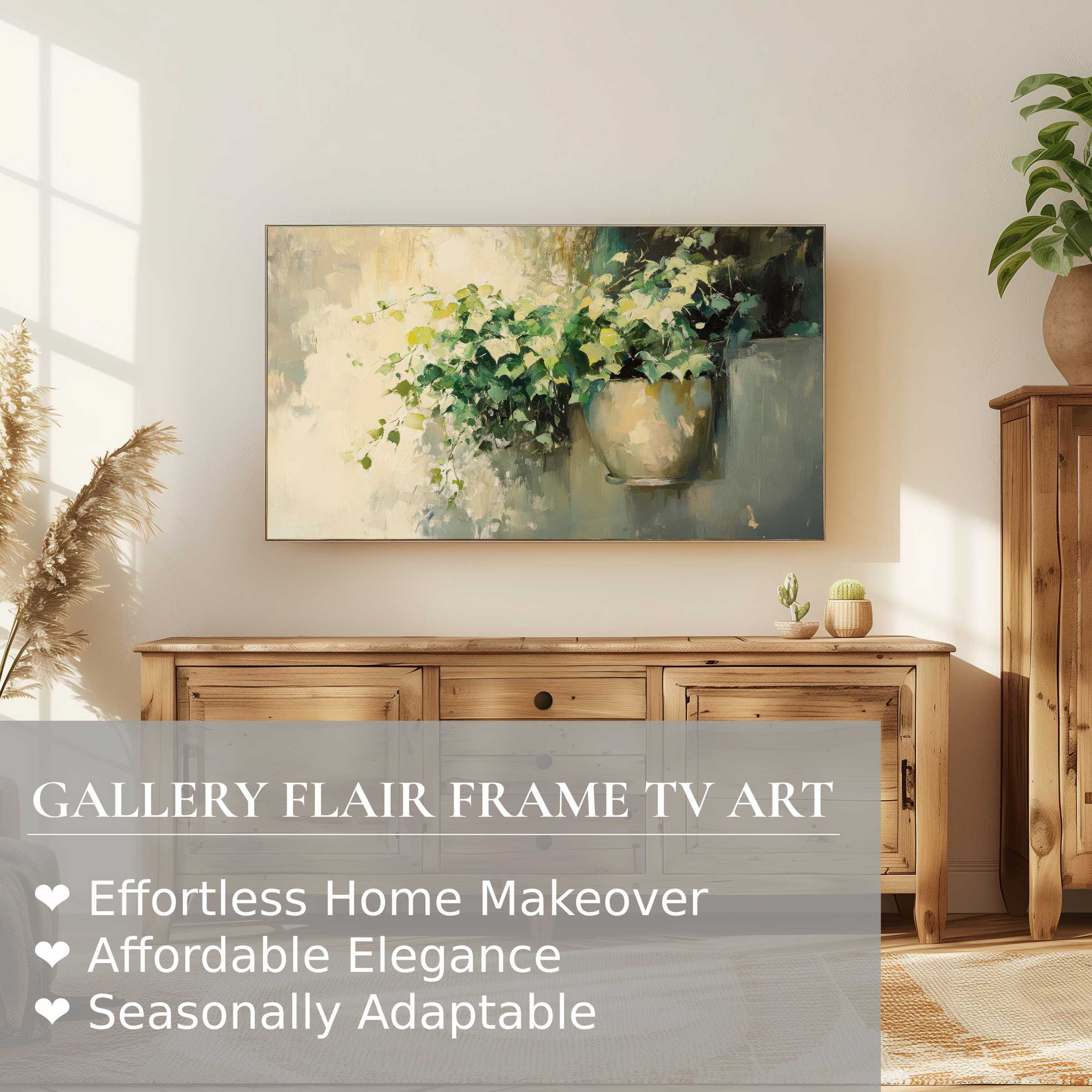 Samsung Frame TV displays elegant botanical digital artwork in a serene modern setting with warm natural wood accents