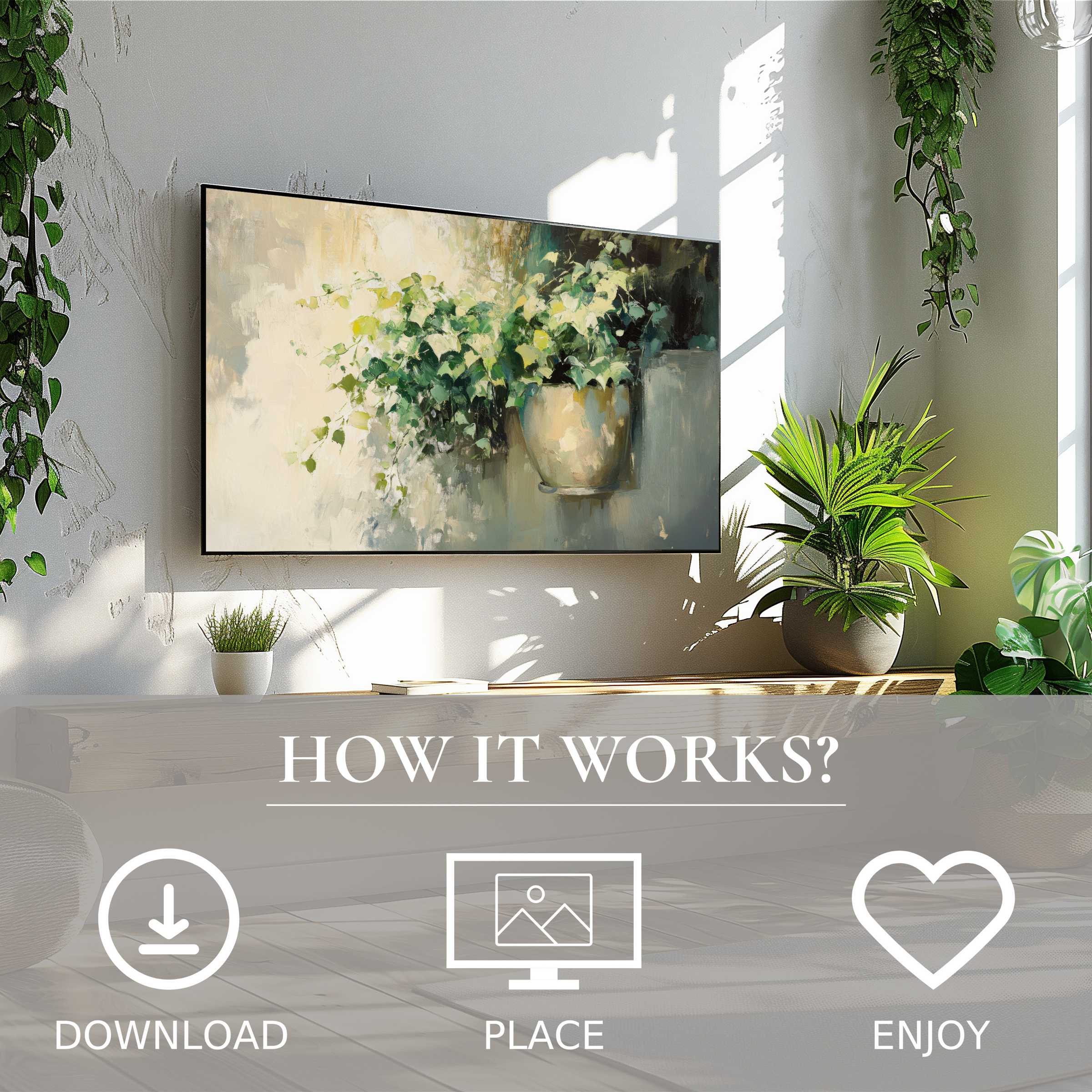 Botanical art for Samsung TV with soft green foliage flow, easy digital download enriches modern living spaces