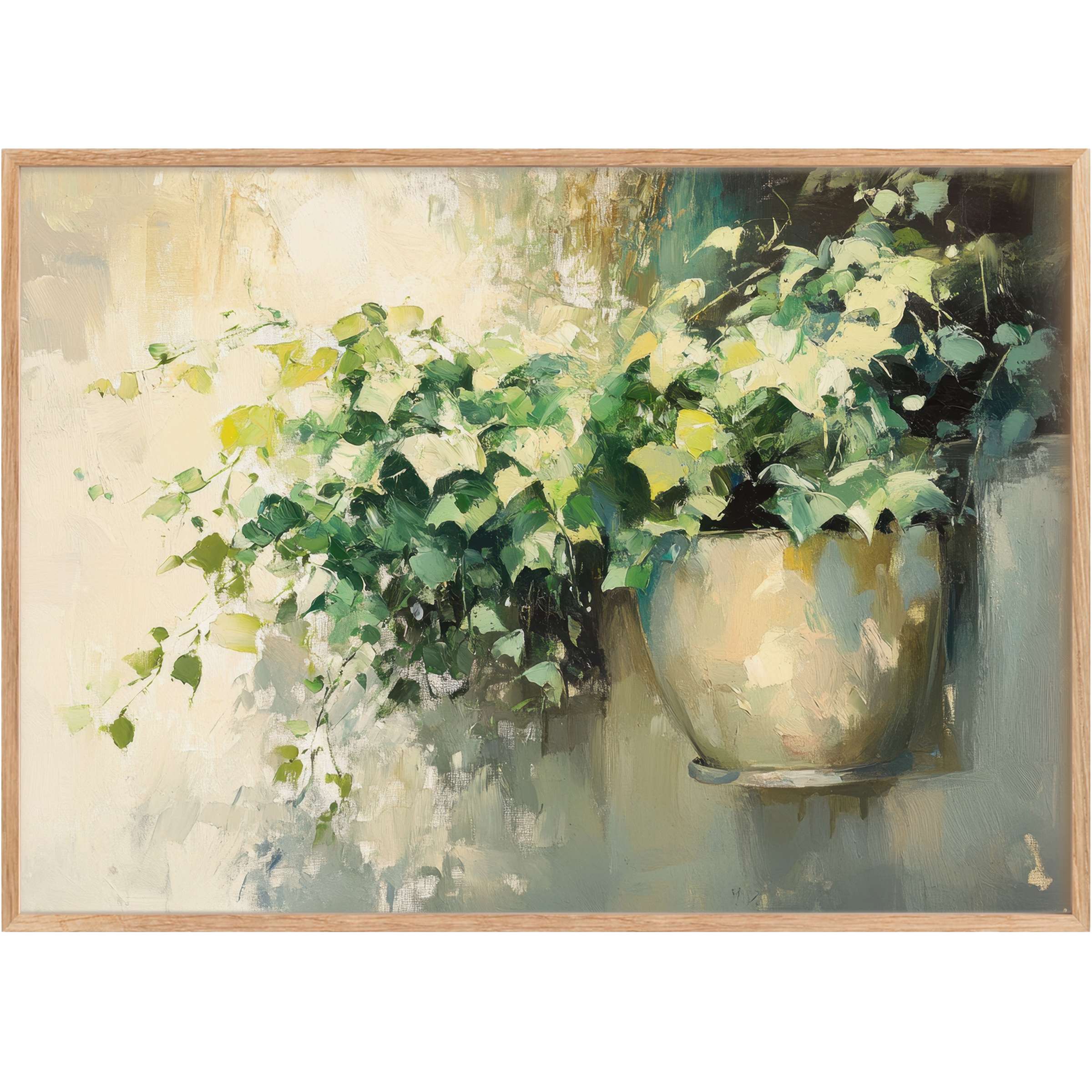 Botanical printable wall art with lush greenery and soft creams, evoking a serene, sunlit ambiance for elegant interiors