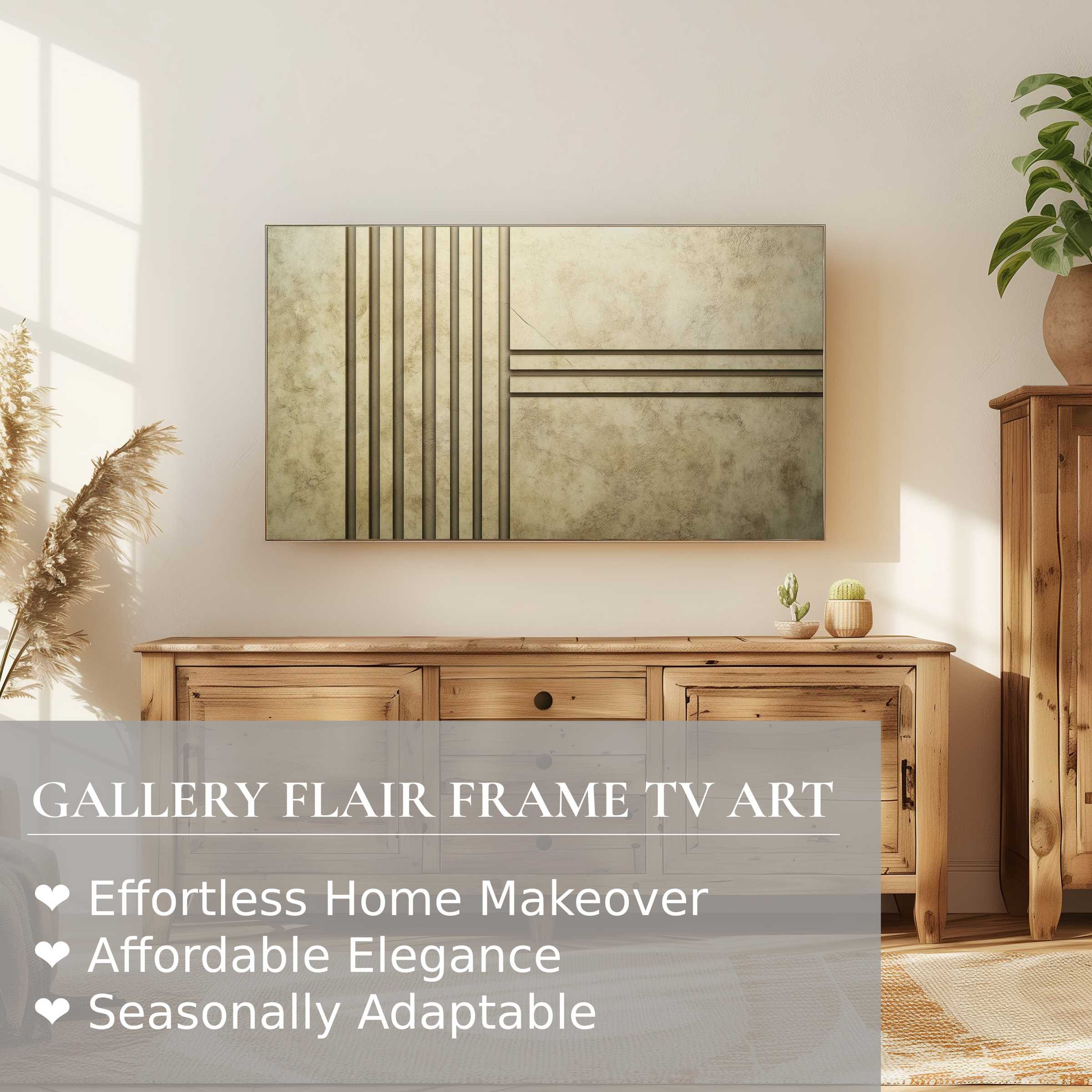Samsung Frame TV displaying refined abstract digital artwork in a serene, sunlit modern living space