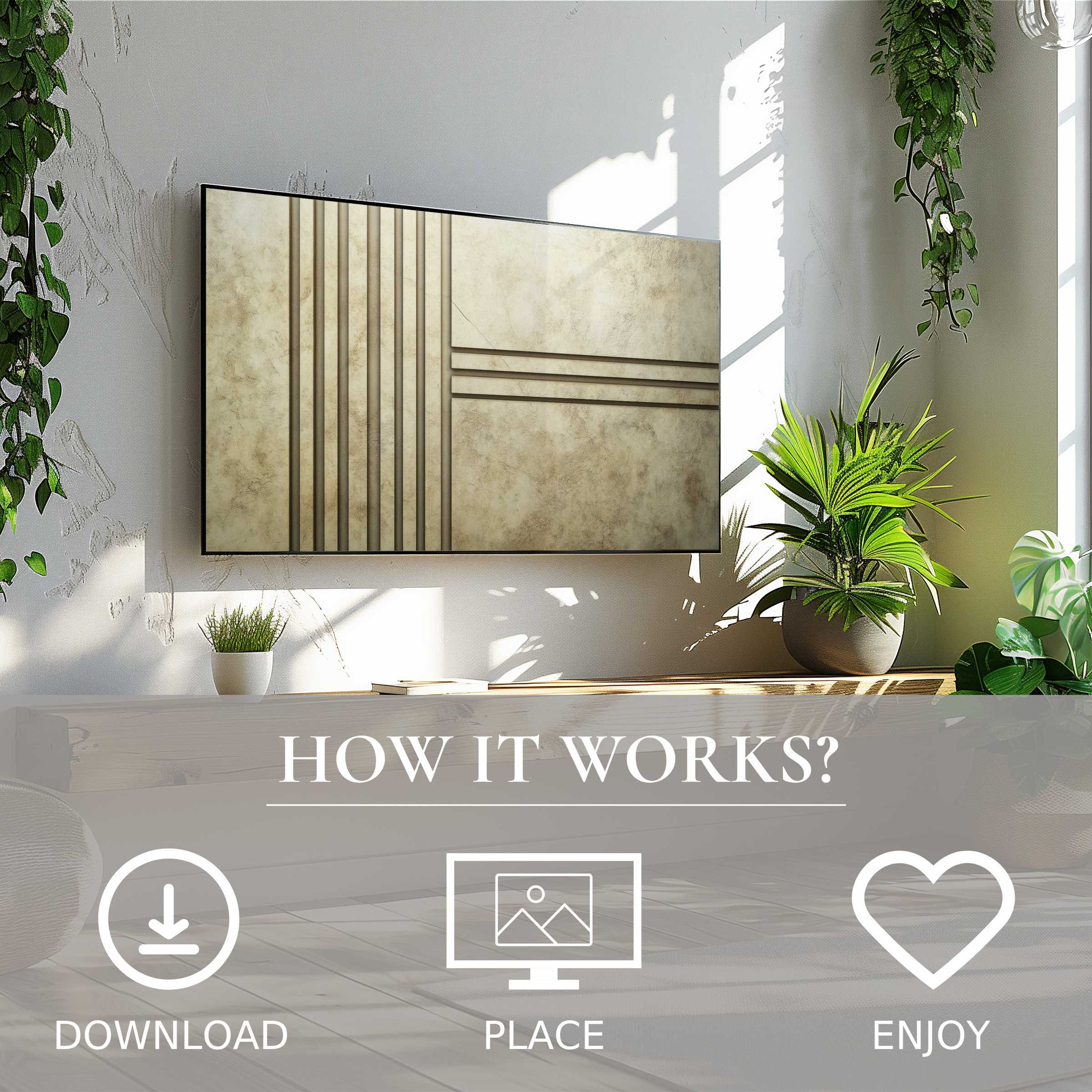 Modern living room with abstract art for Samsung TV in soft beige tones; easy digital download enhances decor