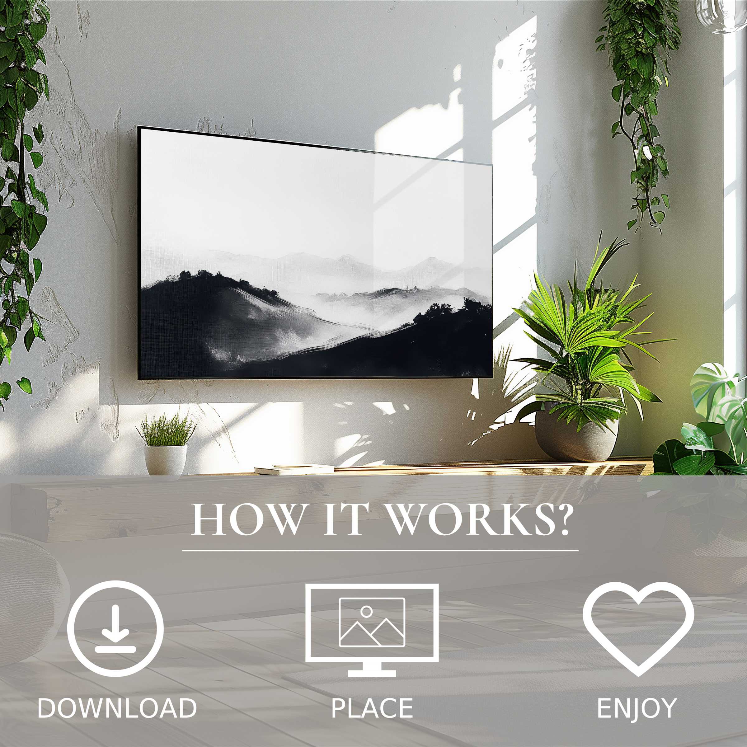 Black and white art for Samsung TV; digital download adds serene mountain mist to modern living spaces