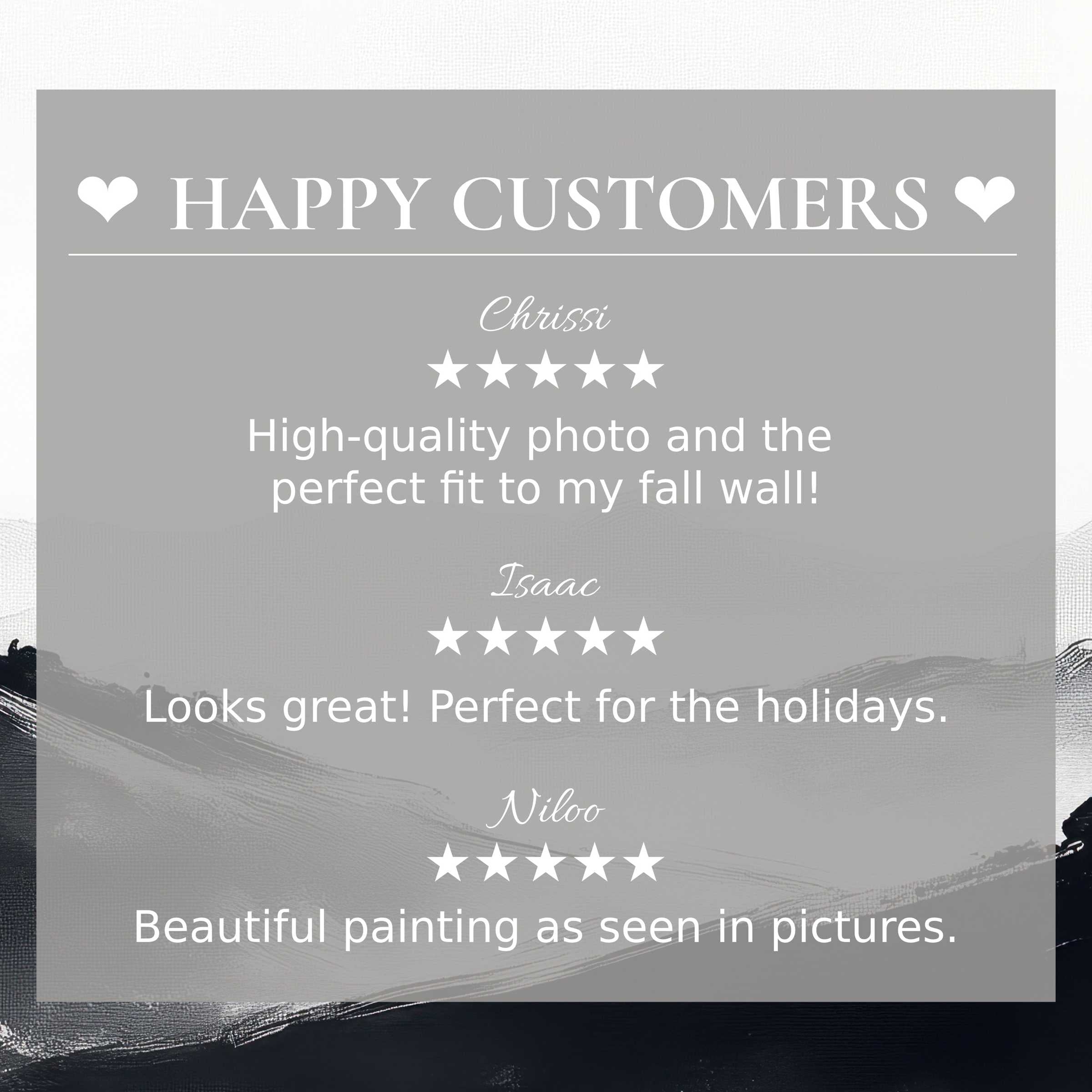 Black and white art for Frame TV with layered brush strokes, showcasing happy customer reviews and refined trust