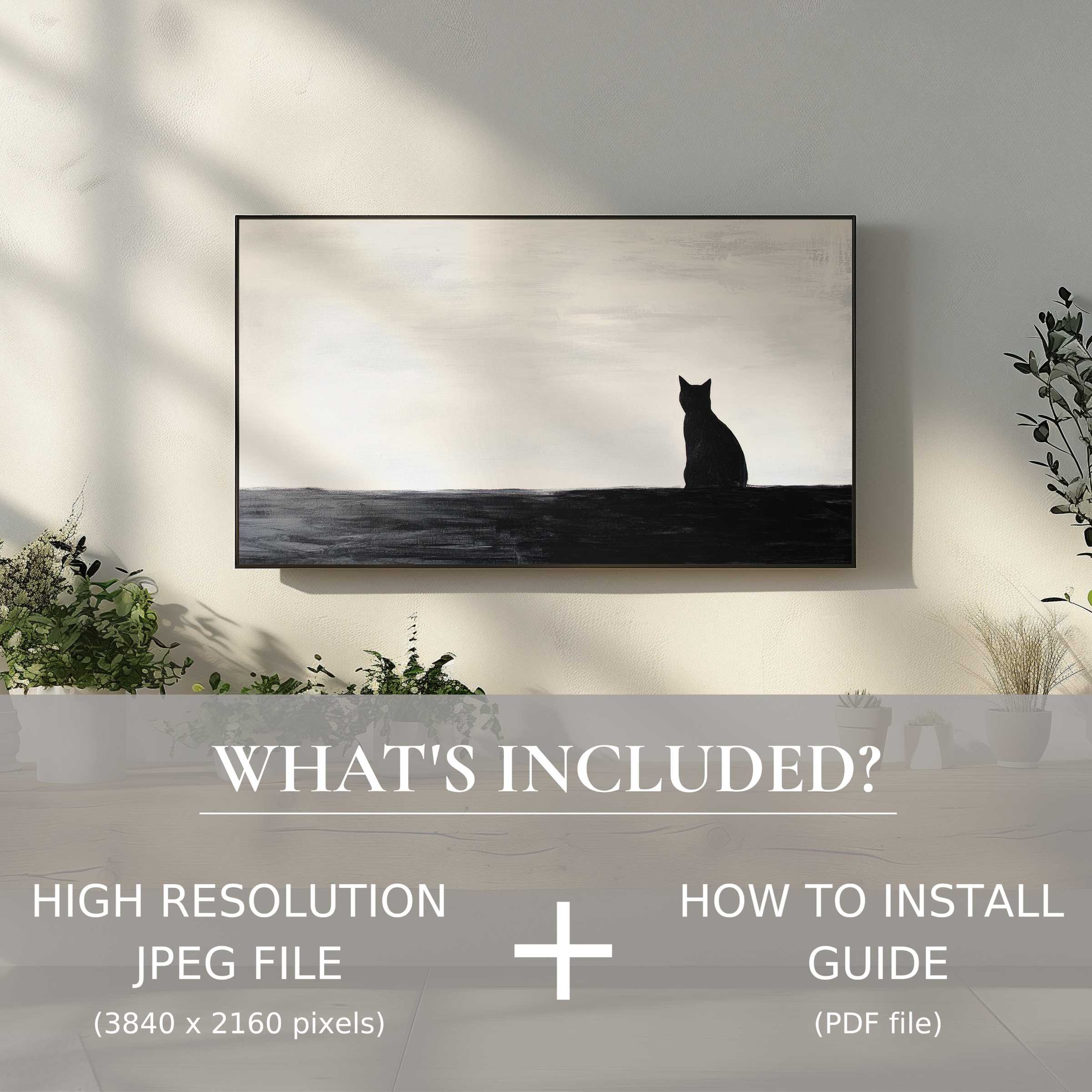 Minimalist digital TV art download featuring serene cat silhouette, easily enhancing modern living spaces with sleek digital use