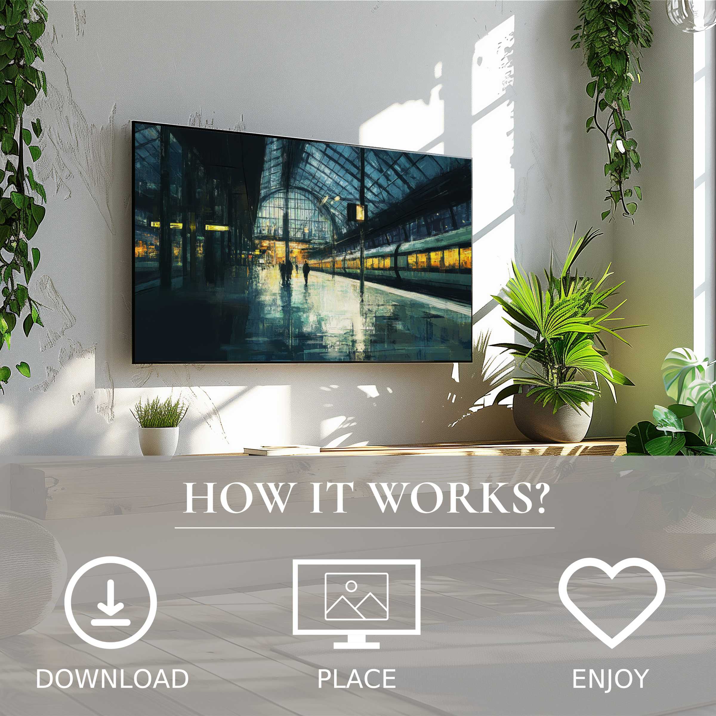 Urban art for Samsung TV shows a vibrant train station motif, easy digital download enriches modern living spaces